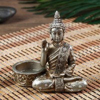 Нэцке полистоун под серебро подсвечник "Будда - медитация" МИКС 10,5х5,3х11 см: 
