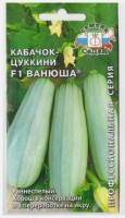 Кабачок Ванюша F1: Цвет: https://sibsadsemena.ru/index.php/katalog/product/view/572/65276
Раннеспелый (47–50 дней) гибрид. Растение мощное, кустовое, среднеоблиственное. Главный стебель слабоветвящийся, с короткими боковыми побегами. Лист большой с осветлёнными пятнами, предохраняющий растения от перегрева и резких перепадов температуры. Плоды цилиндрические, ровные, слегка ребристые, светло-зелёные в белую крапинку, длиной 37 см, массой 0,7-1,2 кг, с белой нежной плотной мякотью. Ценность гибрида: устойчивость к мучнистой росе, обильное плодоношение при любых погодных условиях, высокие товарные качества, лёжкость. Подходит для крупнотоварного производства. Используется в домашней кулинарии, для консервирования и переработки на икру. Фасовка 2г