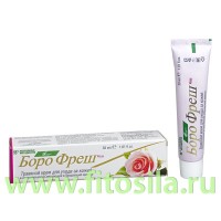 Боро Фреш - Роза травяной крем для кожи, 30 г: Цвет: https://fitosila.ru/product/borofres-roza-travanoj-krem-dla-kozi-25-g
Антисептический крем Борофреш (роза) изготовлен по специальной формуле, защищающей от воспаления в царапинах, ссадинах, мелких порезах и других повреждениях кожи. 
Борофреш не только снимает раздражение и предотвращает воспаление, но также оказывает заживляющее действие. Преимущество крема Борофреш также заключается в том, что он не жирный и не оставляет пятен. 
Борофреш смягчает кожу. Антисептический крем Борофреш роза содержит натуральные ингредиенты, в сочетании с другими растительными добавками, одобренными медиками во всем мире. 
Входящие в его состав антисептические травяные ингредиенты такие как: кунжутовое масло, сандал, сарива "швет", вала, яшада бхасма, пчелиный воск, танкан амла, обладают смягчающими свойствами.