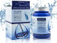 Ампульная сыворотка с коллагеном и гиалуроновой кислотой FarmStay Collagen & Hyaluronic Acid All-in-One Ampoule 250 ml: Цвет: https://www.kosmetichca.ru/product/ampulnaya-syvorotka-s-kollagenom-i-gialuronovoy-kislotoy-farmstay-collagen--hyaluronic-acid-all-in-one-ampoule-250-ml/
Ампульная сыворотка с гиалуроновой кислотой и коллагеном Collagen Hyaluronic Acid All-In-One Ampoule оказывает осветляющий и антивозрастной эффект. Морской коллаген и гиалуроновая кислота поддерживают здоровое сияние и гладкость кожи. Понижение выработки коллагена в коже плохо отражается на ее состоянии. Кожа пересыхает, покрывается морщинками, становится слабее и тоньше. Наша ампула с коллагеном предназначена специально для поддержания свежести и молодости кожи, а также насыщения ее витаминами и минералами. Морской коллаген и гиалуроновая кислота играют важную роль в увлажнении и укреплении кожного покрова. А витаминные микрогранулы в сыворотке сделают вашу кожу сияющей и ровной. Аденозин делает средство более эффективным против морщин, а ниацинамид помогает осветлить пигментацию. Способ применения: После нанесения тонера или эмульсии возьмите немного средства, массирующими движениями нанесите на всю поверхность лица. Меры предосторожности: Избегать попадания в глаза, в случае несовместимости с кожей прекратите использование. Состав: Water, Sodium Hyaluronat (10750mg), Butylene Glycol, Niacinamide, Hydrolyzed Collagen(2500mg), Glycerin, Phenoxyethanol, Caprylyl Glycol, PEG-60 Hydrogenated Casor Oil, Jojoba Esters, Tocopheryl Acetate, Ascorbyl Paltitate, Lactose, Cellulose, Hydroxyprobyl Methylcellulose, Carbomer, Triethanolamine, Hamamelis Virginiana (Witch Hazel) Extract, Simmondsia Chinensis (Jojoba) Seed Extract, Jania Rubens Extract, Glycyrrhiza Glabra (Licorice) Root Extract, Camellia Sinensis Leaf Extract, Xanthan Gum, Disodium EDTA, Adenosine, Fragrance.