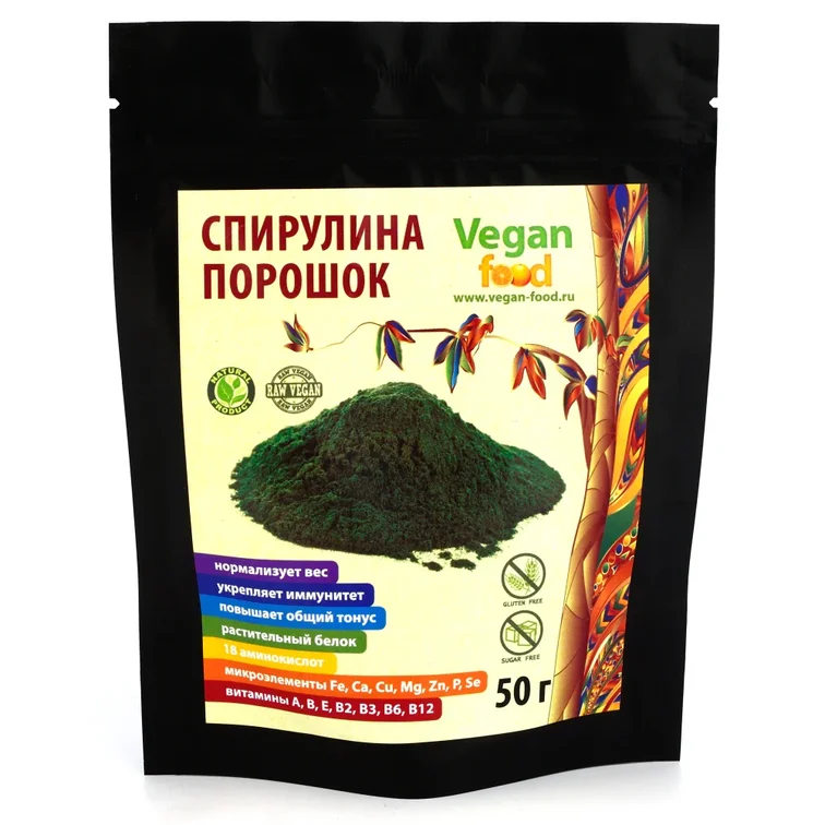 СПИРУЛИНА ПОРОШОК, Vegan Food, 50 г.: У нас Вы можете купить СПИРУЛИНА ПОРОШОК, Vegan Food, 50 г. по низкой цене, с доставкой по всей России. Артикул: 4627078722656 Наличие: есть в наличии Производитель: VeganFood

ОПИСАНИЕ ТОВАРА Спирулина - это сине-зеленая водоросль, богатая белком (65-72%) и бета-каротином. Она также содержит витамины группы В, железо, магний, селен, ряд жизненноважных микроэлементов, органические соли, нуклеотиды, ферменты, линолевую и линоленовую кислоты. Она является рекордсменом по содержанию витамина В12. Спирулина - единственный живой организм, проживший на Земле без изменений сотни миллионов лет именно благодаря своему уникальному биохимическому составу. Это одно из самых древнейших растений на нашей планете. Многие виды растений и животных исчезли за это время с лица Земли, но спирулина выжила практически в неизменном виде. Опыт пищевого использования спирулины уходит в глубину веков. Спирулиной питались еще древнеегипетские жрецы и фараоны, ее использовали племена майя. К 1999 году спирулину активно использовали в пищу примерно в 70 странах мира. Она растет в озерах со щелочной водой, содержащей множество питательных компонентов в условиях достаточной освещенности. Спирулина - это тщательно сбалансированный самой природой набор витаминов (она содержит все витамины, кроме витамина D), минералов и аминокислот, заключенный в легкоусвояемую мукопротеиновую мембрану. Содержание белка в спирулине по данным различных литературных источников составляет 40-70%, то есть в 10 граммах водорослей его столько же, сколько в килограмме говядины, а бета-каротина - как в 10 килограммах моркови!. Она является рекордсменом по содержанию витамина В12 и богатым источником органического железа. Кроме того, эта водоросль содержит ряд особых веществ - биопротекторов, способствующих выведению из организма радионуклидов и солей тяжелых металлов. Состав: Спирулина 100% Страна происхождения: Китай Срок годности: 24 мес. * мы стараемся предоставлять только актуальную информацию о продукции. Но иногда обновления могут появляться с задержкой. Дизайн упаковки может отличаться от представленного на сайте. ** не является лекарственным средством