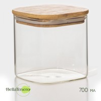 Банка стеклянная для сыпучих продуктов с бамбуковой крышкой BellaTenero «Эко. Квадратная», 700 мл, 10×10,5 см: 
