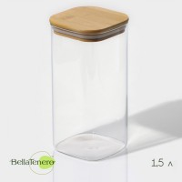 Банка стеклянная для сыпучих продуктов с бамбуковой крышкой BellaTenero «Эко. Квадратная», 1,5 л, 10×21 см: 