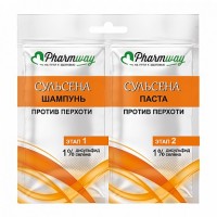 Pharmway СУЛЬСЕНА Шампунь против перхоти 1%+ Паста против перхоти 1%, саше: 2-хэтапный комплексный уход

ПРОТИВ ПЕРХОТИ

на основе дисульфида селена

этап 1 – СУЛЬСЕНА Шампунь против перхоти

- эффективно очищает волосы и кожу головы, уменьшая появление перхоти;

- восстанавливает защитный липидный барьер;
- оказывает успокаивающее действие, устраняя зуд и шелушение;
- направленно действует на подавление дрожжевого грибка, предупреждая повторное появление перхоти;
- нормализует работу сальных желез, устраняя излишнюю жирность кожи головы;
- восстанавливает микробиомный баланс кожи головы;
- оказывает оздоравливающее и укрепляющее действие на волосы и кожу головы.
этап 2 – СУЛЬСЕНА Паста против перхоти

Сбалансированная формула компонентов пасты:

- оказывает активное противоперхотное действие;
- эффективно борется с причинами появления перхоти;
- подавляет рост дрожжевого грибка, не нарушая микрофлору эпидермиса;
- отшелушивает омертвевшие клетки, минимизируя повторное появление «белых хлопьев»;
- оказывает успокаивающее действие на кожу головы;
- нормализует избыточное выделение кожного сала;
- предотвращает деструктивные процессы в волосяных луковицах.

Результат:

- заметный противоперхотный эффект
- нормализация секреции сальных желез
- уменьшение выпадения волос, связанного с перхотью и себореей
- улучшение состояния и внешнего вида волос
- устранение зуда, связанного с перхотью и себореей
- восстановление микробиома кожи головы
- усиление барьерных функций эпидермиса