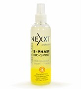 Трехфазный спрей-уход: питание, защита, дыхание волос Nexxt, 250 мл.: Трехфазный спрей-уход Nexxt 3-Phase Bio-Spray – это легкий по консистенции и насыщенный по составу ухаживающий продукт, использование которого помогает обеспечить локонам полноценное питание и защиту в течение дня. Средство отличается приятным ароматом и высокой эффективностью, равномерно распределяется по прядям, не утяжеляет, мгновенно добавляет им мягкости, блеска и гладкости.

Главные компоненты спрея Nexxt 3-Phase Bio-Spray – масла и минералы.

Мало арганы оказывает на волосы сильное омолаживающее воздействие, полностью убирает хрупкость кончиков, разглаживает кутикулу, является природным UV-фильтром.
Масло макадамии укрепляет изнутри. Оно проникает в структуру каждого волоска, реконструирует травмированные участки, делает локоны удивительно эластичными, живыми и струящимися.
Морские минералы обладают общеукрепляющими способностями, хорошо ухаживают за кожей, нормализуют работу сальных желез, добавляют локонам пышности и жизненной энергии.
После нанесения спрея пряди становятся более послушными, легче принимают форму укладки и расчесываются, получают надежную защиту от дегидрации и других внешних нагрузок.

Применение: равномерно распылить на влажные волосы. Не смывать.250 мл.