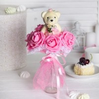 Букет с мишкой "От всего сердца", 7 цветков, цвет розовый: 