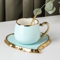 Чайная пара керамическая «Сердце», 2 предмета: чашка 320 мл, блюдце d=16,6 см, ложка, цвет голубой: 