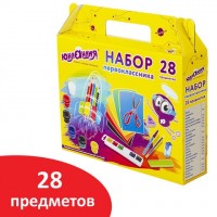 Набор школьных принадлежностей в подарочной коробке ЮНЛАНДИЯ "НАБОР ПЕРВОКЛАССНИКА", 28 предметов, 880119: Цвет: Набор канцелярских принадлежностей ЮНЛАНДИЯ "ПЕРВОКЛАССНИК" для выпускников детского сада и первоклассников в красочной упаковке. Скомплектован на основе рекомендаций учителей начальных классов.
: ЮНЛАНДИЯ
: Россия
: Школа
: Товары для обучения
: Наборы первоклассников
Все самые необходимые школьные принадлежности упакованы в удобный чемоданчик с ручкой.Состав набора: - краски акварельные 6 цветов - 1 шт.;- альбом для рисования 20 л. - 1 шт.;- цветная бумага 8 цветов - 1 шт.;- картон цветной 8 цветов - 1 шт.;- гуашь 6 цветов - 1 шт.;- доска для лепки - 1 шт.;- карандаши чернографитные - 2 шт.; - карандаши цветные 6 цветов – 1 шт.;- клей-карандаш - 1 шт.;- ластик - 1 шт.;- линейка 16 см - 1 шт.;- ножницы - 1 шт.;- пластилин 8 цветов - 1 шт.;- ручки шариковые синие - 2 шт.;- тетрадь в клетку 12 л. - 5 шт.;- тетрадь в косую линию 12 л. - 5 шт.;- точилка - 1 шт.;- фломастеры 6 цветов - 1 шт.;- короб подарочный - 1 шт. Набор представляет собой подарочную коробку-чемоданчик из плотного картона с красочным дизайном и наполнением. Короб дополнительно упакован в термоусадку. Состав набора разработан на основе рекомендаций учителей и пожеланий родителей таким образом, чтобы обеспечить юного ученика всем необходимым. В состав набора входят только высококачественные сертифицированные отечественные и импортные школьные принадлежности, соответствующие требованиям безопасности детских товаров законодательства РФ.