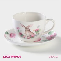 Чайная пара фарфоровая Доляна «Зайка», 2 предмета: чашка 250 мл, блюдце d=15 см, цвет белый: 