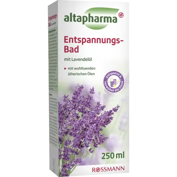 altapharma EntspannungsBad mit Lavendell: Цвет: Produktbeschreibung und details altapharma EntspannungsBad mit Lavendell Zunehmende Anspannung im Berufsleben und Hektik im Alltagfhren hufig zu innerer Unruhe und Nervositt Die Entspannungdes eigenen Krpers kommt dabei meist zu kurz EineErholungsphase mit einem Badegenuss kombiniert hilft oftden Tagesstress hinter sich zu lassen und sowohl dem Krperals auch der Seele neue Krfte zu verleihenDas altapharma EntspannungsBad enthlt eine sorgsam ausgewhlteKombination aus den therischen len Lavendel Orangen Patchouli Beifu ThymianDas Zusammenspiel der hochwertigen therischen le mit demwarmen Wasser entfaltet eine wohltuende Duftkompositionnach Lavendel und Orange welche die Sinne verwhnt undentspannt Somit wird Ihr Wohlbefinden sprbar verbessertund das innere Gleichgewicht wieder hergestellt Die aufeinanderabgestimmten Inhaltsstoffe bereiten ein einzigartigsinnliches und entspannendes Badeerlebnis Der sich zustzlichentwickelnde Schaum rundet das harmonische Badeerlebnis abDas altapharma EntspannungsBad enthlt milde Pflegekomponentendamit Ihre Haut auch nach langem Baden nicht austrocknetDas Bad ist pHhautneutral und alkaliseifenfrei DieHautvertrglichkeit des altapharma EntspannungsBades istdermatologisch besttigt So wird Ihre Haut bei jedem Bad gereinigtund nachhaltig gepflegt Kontaktdaten Dirk Rossmann GmbH Isernhgener Strae   Burgwedel wwwrossmannde Anwendung und Gebrauch Fr ein Vollbad geben Sie ca  ml   Verschlusskappe voll Badekonzentratin das Badewasser Sollten Sie die Aromawirkung der hochwertigen therischen le bei dieser Dosierung als zu intensiv empfinden verwenden Sie etwas weniger Wenn Sie gern mit viel Schaum baden lassen Sie das altapharma EntspannungsBad in das einlaufende Badewasser flieen Die Badetemperatursollte bei  C liegen Wir empfehlen Ihnen  Minuten lang zu badenBei Bedarf knnen Sie das altapharma EntspannungsBad tglich genieen Inhaltsstoffe Aqua Sodium Laureth Sulfate PEG Glyceryl Cocoate Cocamidopropyl Betaine Parfum Lavandula Angustifolia Herb Oil Lavandula Hybrida Grosso Herb Oil Citrus Aurantium Dulcis Oil Thymus Vulgaris Oil Artemisia Vulgaris Herb Oil Pogostemon Cablin Leaf Oil Anthemis Nobilis Flower Oil Citrus Aurantium Amara Flower Extract Rosa Damascena Flower Oil Sodium Cocoamphoacetate Glyceryl Oleate CocoGlucoside Hydroxypropyl Guar Hydroxypropyltrimonium Chloride Sodium Chloride Sodium Sulfate Tocopherol Hydrogenated Vegetable Glycerides Citrate Sodium Hydroxide Phenoxyethanol Sodium Benzoate Citric Acid Linalool Limonene Benzyl Benzoate CI  CI  Bestandteile des Parfmls Warnhinweise und wichtige Hinweise Warnhinweise Nur zur ueren Anwendung Nicht unverdnnt mit den Augen und Schleimhuten in Berhrung bringen Badekonzentrat sorgfltig und fr Kinder unzugnglich aufbewahren Das unverdnnte Badekonzentrat soll nicht auf beschichtete Badewannen oder Armaturen gelangen Um Wannenfrbung und Ausrutschen zu vermeiden splen Sie die Produktrckstnde grndlich mit Wasser aus Flasche gut verschlossen lagern vor Sonnenbestrahlung und Temperaturen ber  C schtzen
https://www.rossmann.de/de/gesundheit-altapharma-entspannungs-bad-mit-lavendeloel/p/4305615619606