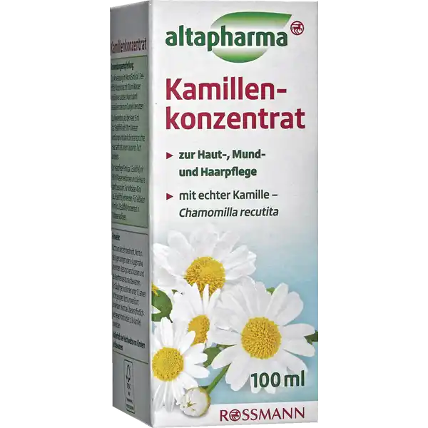 altapharma Kamillenkonzentrat: Цвет: Produktbeschreibung und details zur Haut Mund und Haarpflege mit echter Kamille  Chamomilla recutita fr Veganer geeignet Kontaktdaten Dirk Rossmann GmbH Isernhgener Strae   Burgwedel wwwrossmannde UrsprungslandHerkunftsort Deutschland Anwendung und Gebrauch Zur Anwendung im Mund  ml ca  Teelffel Konzentrat mit  ml Wasser verdnnen und den Mund damit aussplen oder zum Gurgeln benutzen Zur Anwendung auf der Haut  ml ca  Esslffel mit  ml Wasser verdnnen und damit die beanspruchte Haut sanft mit einem sauberen Tuch abreiben Zur Haarpflege  ml ca  Esslffel mit  ml Wasser verdnnen und die Haare damit aussplen Fr Vollbder  ml ca  Esslffel verwenden Fr Teilbder  ml ca  Esslffel Konzentrat in  l Wasser auflsen Gebrauch Aufbewahrung und Verwendung Aufbewahrungs und Verwendungsbedingungen Darreichungsform und Inhalt  ml Konzentrat zum Einreiben Splen und Pflegen der Haut Inhaltsstoffe Chamomilla Recutita Flower Extract Aqua Alcohol denat Chamomilla Recutita Ammonium Hydroxide Enthlt  Vol Alkohol Warnhinweise und wichtige Hinweise Warnhinweise Nicht zum Verzehr bestimmt Nicht in die Augen bringen oder in Augennhe anwenden Stets gut verschlossen und bei Raumtemperatur aufbewahren Fr Suglinge und Kinder unter  Jahren nicht geeignet Nicht unverdnnt anwenden Nicht bei berempfindlichkeit gegen Korbbltler z B Kamille anwenden
https://www.rossmann.de/de/gesundheit-altapharma-kamillenkonzentrat/p/4305615615295