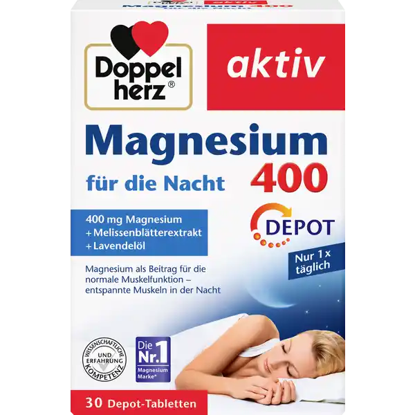 Doppelherz aktiv Magnesium  fr die Nacht: Цвет: Produktbeschreibung und details Gesunder Schlaf ist die Voraussetzung fr einen guten Tag und wichtig um fit und leistungsfhig zu bleiben Wichtige Voraussetzungen fr einen gesunden Schlaf sind die Umgebung die innere Ruhe entspannte Muskeln und Nerven Erhhte krperliche Belastungen in Beruf und Sport beanspruchen unsere Muskeln und Nerven Hierdurch kann ein erhhter Bedarf an Nhrstoffen entstehen Doppelherz Magnesium  fr die Nacht DEPOT versorgt Ihren Krper mit  mg Magnesium Vitamin D und BVitaminen Zustzlich enthalten sind die bekannten Pflanzenstoffe Lavendell und Melissenbltterextrakt Lavendell ist das therische l aus den Blten des Lavendels Die ursprngliche Heimatder Melisse Melissa officinalis ist der stliche Mittelmeerraum lactosefrei glutenfrei Lebensmittelunternehmer Name Queisser PHARMA Adresse Schleswiger Str   Flensburg  DEUTSCHLAND wwwdoppelherzde Rechtlich vorgeschriebene Produktbezeichnung Tabletten mit Magnesium Vitaminen Melissenbltterextrakt und Lavendell Nahrungsergnzungsmittel Zutaten Magnesiumoxid Fllstoff Calciumcarbonat berzugsmittel Hydroxypropylmethylcellulose Melissenbltterextrakt Trennmittel Siliciumdioxid Trennmittel Mono und Diglyceride von Speisefettsuren Fllstoff Cellulosepulver Palmfett ganz gehrtet Trennmittel Magnesiumhydroxidcarbonat Nicotinamid Trennmittel Magnesiumsalze der Speisefettsuren Maltodextrin Fllstoff Gummi arabicum Trennmittel Talkum Fllstoff Hydroxypropylcellulose berzugsmittel Polyethylenglycol Lavendell Pyridoxinhydrochlorid Thiaminhydrochlorid Cholecalciferol Nhrwerte Durchschnittliche Nhrwertangaben pro  Portion  Tablette NRV Magnesium  mg   Vitamin D  g   Vitamin B Thiamin  mg   Niacin  mg   Vitamin B  mg   Anwendung und Gebrauch Tglich  Tablette mit etwas Flssigkeit unzerkaut am Abend einnehmen Gebrauch Aufbewahrung und Verwendung Aufbewahrungs und Verwendungsbedingungen Trocken und nicht ber C lagern Warnhinweise und wichtige Hinweise Warnhinweise Fr kleine Kinder unzugnglich aufbewahren Fr Kinder und Jugendliche Schwangere und Stillende nicht geeignet Mengen ber  mg Magnesium knnen bei empfindlichen Personen abfhrend wirken Die angegebene empfohlene tgliche Verzehrsmenge darf nicht berschritten werden Nahrungsergnzungsmittel sind kein Ersatz fr eine ausgewogene und abwechslungsreiche Ernhrung und eine gesunde Lebensweise
https://www.rossmann.de/de/gesundheit-doppelherz-aktiv-magnesium-400-fuer-die-nacht/p/4009932137248