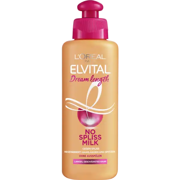 LOral Paris Elvital Dream Length No Spliss Milk: Цвет: Produktbeschreibung und details Die No Spliss Milk hilft das Haar vor zwei groen Feinden zu schtzen Haarbruch und Spliss Unsere Haarkur mit Pflanzlichen Proteinen Vitaminen und Rizinusl regeneriert Haarlngen und Spitzen Die Haare bekommen extra Glanz und lassen sich einfacher stylenEndlich Schluss mit Spliss Kontaktdaten LOral Paris TSA   ST OUEN CEDEX FR wwwlorealparisde Anwendung und Gebrauch Auf trockenem oder nassem Haar auftragen  Ohne Aussplen Gebrauch Aufbewahrung und Verwendung Aufbewahrungs und Verwendungsbedingungen Bei Kontakt mit den Augen diese grndlich aussplen Inhaltsstoffe  C  INGREDIENTS AQUA  WATER  ISOPROPYL MYRISTATE  DIMETHICONE  AMODIMETHICONE  TRIETHANOLAMINE  NIACINAMIDE  RICINUS COMMUNIS SEED OIL  CASTOR SEED OIL  HYDROXYPROPYL GUAR  HYDROXYCITRONELLAL  HYDROLYZED WHEAT PROTEIN  HYDROLYZED CORN PROTEIN  HYDROLYZED SOY PROTEIN  PHENOXYETHANOL  BEHENTRIMONIUM CHLORIDE  TRIDECETH  POLYQUATERNIUM  LIMONENE  BENZYL SALICYLATE  LINALOOL  BENZYL ALCOHOL  PANTHENOL  ISOPROPYL ALCOHOL  ALPHAISOMETHYL IONONE  CARBOMER  GERANIOL  POTATO STARCH MODIFIED  CETRIMONIUM CHLORIDE  CITRONELLOL  COUMARIN  HEXYL CINNAMAL  PARFUM  FRAGRANCE FIL C
https://www.rossmann.de/de/pflege-und-duft-loreal-paris-elvital-dream-length-no-spliss-milk/p/3600523587841