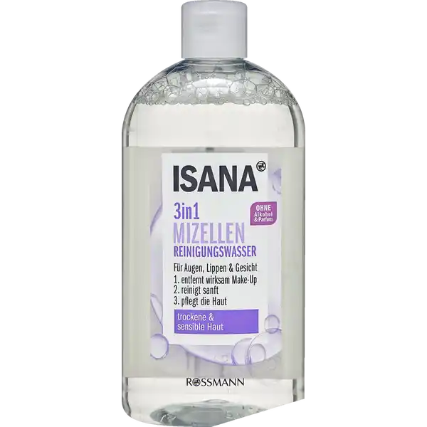 ISANA 3 in 1 Mizellen Reinigungswasser: Цвет: Produktbeschreibung und details trockene ampamp sensible Haut ohne Alkohol ampamp Parfm Hautvertrglichkeit dermatologisch besttigt phhautneutral vegan diese Rezeptur ist zu   ohne Mikroplastik Kontaktdaten Dirk Rossmann GmbH Isernhgener Strae   Burgwedel wwwrossmannde UrsprungslandHerkunftsort Hergestellt in Deutschland Testurteile Qualittssiegel ampamp Verbandszeichen Anwendung und Gebrauch Morgens und Abends ein Wattepad mit ISANA in Mizellen Reinigungswasser trnken und sanft ber Augen Lippen und Gesicht streichen Inhaltsstoffe Aqua Glycerin Decyl Glucoside Cucumis Sativus Fruit Extract Ginkgo Biloba Leaf Extract Panthenol Phenoxyethanol Ethylhexylglycerin Butylene Glycol Disodium EDTA Citric Acid Pantolactone
https://www.rossmann.de/de/pflege-und-duft-isana-3-in-1-mizellen-reinigungswasser/p/4305615657332