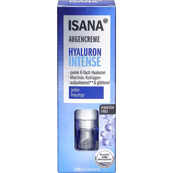 ISANA Augencreme Hyaluron Intense: Цвет: Produktbeschreibung und details Die Hyaluron Intense Augencreme hydratisiert die Haut sofort und mildert Falten Marines Kollagen und fach Hyaluron speichern Feuchtigkeit in der Haut bilden einen schtzenden Film und polstern die Haut von innen auf fach Hyaluronsure Die unterschiedlich groen Hyaluronsuremolekle spenden den verschiedenen oberen Hautschichten intensive Feuchtigkeit Sie binden Wasser sowohl in den oberen Hautschichten als auch an der Hautoberflche und fllen dadurch die Feuchtigkeitsdepots der Haut wieder auf Fltchen und Linien werden so von innen heraus aufgepolstert Besonders kleine Hyaluronsuremolekle untersttzen die Zellerneuerung Tripeptid stimuliert nachweislich die CollagenSynthese in der Haut fr eine straffere Augenpartie Wertvolles Mandell sorgt fr ein glattes und seidiges Hautgefhl Vitamin E schtzt mit radikalfangenden Eigenschaften vor UVbedingten Umwelteinflssen Fr eine glattere Augenpartie und eine jugendlichere frischere Ausstrahlung Die Hyaluron Intense Augencreme mildert Fltchen bei  der Testerinnen jeder Hauttyp pure fach Hyaluron marines Kollagen aufpolsterndampamp glttend parfmfrei Hautvertrglichkeit dermatologisch und augenrztlich getestet und besttigt fr Kontaktlinsentrgerinnen geeignet pHhautneutral invivoStudio zur Faltentiefenreduktion Anwendung  Wochen  x tglich  invivoStudie zum Wirkstoff Kontaktdaten Dirk Rossmann GmbH Isernhgener Strae   Burgwedel wwwrossmannde UrsprungslandHerkunftsort Deutschland Testurteile Qualittssiegel ampamp Verbandszeichen Anwendung und Gebrauch Tglich morgens und abends nach der Reinigung rund um die Augen sanft einklopfen Ideal auch als Makeup Unterlage geeignet Inhaltsstoffe Aqua GlycerinPrunus Amygdalus Dulcis Oil Cetyl Alcohol Cococaprylate Hydrogenated Vegetable Glycerides Betaine Tocopheryl Acetate Sodium Hyaluronate Soluble Collagen Palmitoyl Tripeptide Potassium Cetyl Phosphate Phenoxyethanol Hydrogenated Palm Glycerides Xanthan Gum Sclerotium Gum Ethylhexylglycerin Helianthus Annuus Seed Oil Tocopherol Biosaccharide Gum Citric Acid Sodium Benzoate
https://www.rossmann.de/de/pflege-und-duft-isana-augencreme-hyaluron-intense/p/4305615791913