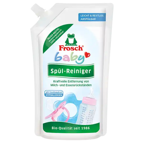 Frosch baby SplReiniger Nachfllbeutel: Цвет: Produktbeschreibung und details Der Frosch Baby SplReiniger entfernt auf schonende und gleichzeitig effektive Weise Milch Brei und Essensrckstnde auf Babyzubehr wie Schnuller Sauger Babyflaschen Esslerngeschirr und abwaschbares Spielzeug Die pHhautneutrale und hypoallergene Rezeptur lsst sich leicht und restlos absplen und ist fr Babys vllig unbedenklich Kontaktdaten ErdalRex GmbH Rheinallee   Mainz wwwerdalde Verbraucherberatung   oder   UrsprungslandHerkunftsort Deutschland Anwendung und Gebrauch  Spritzer entspricht ca  ml auf  L Wasser gengt Bei hartnckiger Verschmutzung unverdnnt anwenden Nicht unter laufendem Wasser reinigen sondern Babyzubehr in empfohlener Dosierlsung einweichen Gebrauch Aufbewahrung und Verwendung Aufbewahrungs und Verwendungsbedingungen Auer Reichweite von Kindern aufbewahren Inhaltsstoffe   anionische Tenside weniger als   amphotere Tenside nichtionische Tenside Enzyme amylase Lactic Acid Weitere Inhaltsstoffe Panthenol Provitamin B
https://www.rossmann.de/de/baby-und-spielzeug-frosch-baby-spuel-reiniger-nachfuellbeutel/p/4001499939013