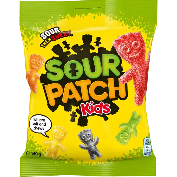 Maynards Bassetts Sour Patch Kids: Цвет: Produktbeschreibung und details Saure gezuckerte Gummibonbons erst sauer dann s Limettengeschmack Orangengeschmack Himbeergeschmack Zitronengeschmack schwarze Johannisbeergeschmack Lebensmittelunternehmer Name Mondelez Europe Service GmbH Adresse Oddzial w Polsce ul Domaniewska  PL Warszawa Polen Rechtlich vorgeschriebene Produktbezeichnung Saure gezuckerte Gummibonbons Zutaten Zucker Glukosesirup Wasser Strke Gelatine Suerungsmittel pfelsure Apfelsaftkonzentrat Farbstoffe Anthocyane Pflanzenkohle Paprikaextrakt Lutein Kurkumin Sureregulator Calciumcitrate Palml Aromen Nhrwerte Durchschnittliche Nhrwertangaben pro  g pro  Portion GDA  Stck  g Energie  kj   kcal  kj   kcal   Fett  g amplt  g   davon  gesttigte Fettsuren  g amplt  g   Kohlenhydrate  g  g   davon  Zucker  g  g   Eiwei  g  g   Salz  g amplt  g   Gebrauch Aufbewahrung und Verwendung Aufbewahrungs und Verwendungsbedingungen Trocken lagern und vor Wrme schtzen
https://www.rossmann.de/de/lebensmittel-maynards-bassetts-sour-patch-kids/p/7622201503833