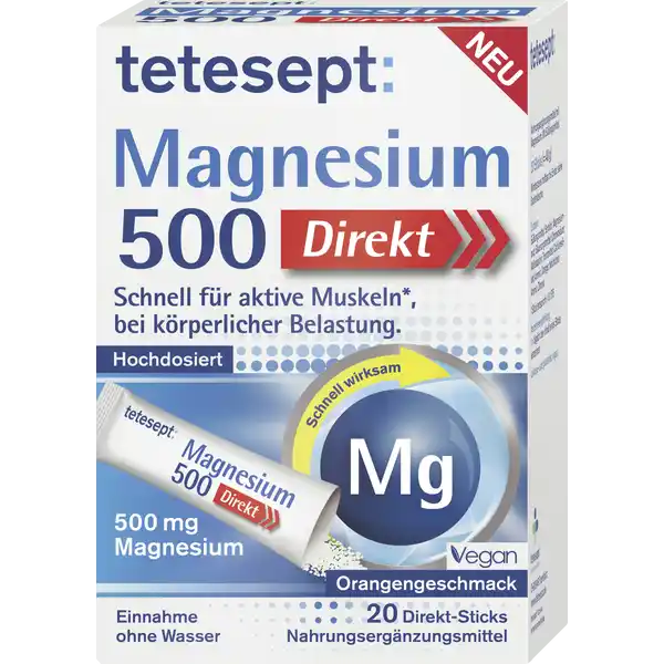 tetesept Magnesium 500 Direkt-Sticks: Цвет: https://www.rossmann.de/de/gesundheit-tetesept-magnesium-500-direkt-sticks/p/4008491269636
Produktbeschreibung und details Magnesium ist ein lebenswichtiger Nhrstoff der jedoch nicht vom menschlichen Krper gebildet wird und daher ber die Nahrung zugefhrt werden muss In Phasen besonderer Aktivitt Anstrengung oder Belastung kann ein erhhter Bedarf an Magnesium entstehen z B in der Freizeit beim Sport oder bei den tglichen Aufgaben in Haushalt und Garten tetesept Magnesium  Direkt Sticks enthalten hochdosiertes Magnesium als MicroGranulat das besondersleicht einzunehmen ist So ist es im Krper schnell verfgbar und effektiv Besonders praktisch fr unterwegs und bei akutem Bedarf Magnesium trgt bei zu einer normalen Muskelfunktion zu einer normalen Funktion des Nervensystems zur Verringerung von Mdigkeit und Erschpfung mit leckerem Orangengeschmack laktose und glutenfrei vegan Lebensmittelunternehmer Name Merz Consumer Care GmbH Adresse Eckenheimer Landstrae   Frankfurt am Main wwwteteseptde Rechtlich vorgeschriebene Produktbezeichnung Nahrungsergnzungsmittel mit Magnesium Mit Sungsmittel Zutaten Sungsmittel Sorbitol Magnesiumoxid Suerungsmittel Citronensure Maltodextrin Trennmittel Calciumsilikat Aroma Orange Natrliches Aroma Zitrone  Stick amplt  BE Nhrwerte Durchschnittliche Nhrwertangaben pro  Portion  Stick NRV Magnesium  mg   Anwendung und Gebrauch  x tglich den Inhalt eines Sticks verzehren Einfach den Portionsbeutel aufreien und das MicroGranulat auf die Zunge geben Es lst sich innerhalb weniger Sekunden auf ganz ohne Wasser Gebrauch Aufbewahrung und Verwendung Aufbewahrungs und Verwendungsbedingungen Trocken lagern vor Hitze und direkter Lichteinstrahlung schtzen Fr kleine Kinder unzugnglich aufbewahren Warnhinweise und wichtige Hinweise Warnhinweise Die empfohlene tgliche Verzehrsmenge darf nicht berschritten werden Fr Erwachsene Keine weiteren Magnesiumhaltigen Prparate verzehren Kann bei bermigem Verzehr abfhrend wirken Nahrungsergnzungsmittel sind kein Ersatz fr eine abwechslungsreiche und ausgewogene Ernhrung die zusammen mit einer gesunden Lebensweise von Bedeutung ist Die empfohlene tgliche Verzehrsmenge darf nicht berschritten werden Fr kleine Kinder unzugnglich aufbewahren