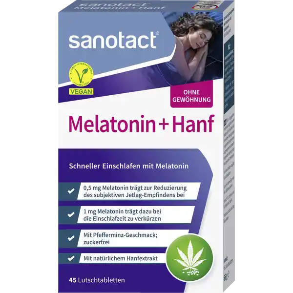 sanotact® Melatonin + Hanf Lutschtabletten: Цвет: https://www.rossmann.de/de/gesundheit-sanotact-melatonin--hanf-lutschtabletten/p/4003087441052
Produktbeschreibung und details Ausreichender Schlaf ist wichtig fr einen aktiven leistungsfhigen Tag Oft lsst einen der stressige Alltag abends aber nicht zur Ruhe kommen oder Schicht und Nachtarbeit oder lange Flugreisen bringen den Schlafrhythmus durcheinander Fr diese Momente wurde die Einschlafhilfe sanotact Melatonin  Hanf Lutschtabletten entwickelt durch das enthaltene Melatonin helfen diese dabei schneller angenehm einzuschlafen und somit am nchsten Tag erholter aufzuwachen Melatonin trgt dazu bei die Einschlafzeit zu verkrzen und ein JetlagEmpfinden wie beispielweise nach langen Flugreisen zu reduzieren Melatonin ist ein krpereigenes Hormon das den natrlichen Schlaf frdert Fr die positive Wirkung sollten die Lutschtabletten kurz vor dem Schlafengehen eingenommen werden Da die leckeren Lutschtabletten keinen Zucker enthalten knnen sie auch problemlos nach dem Zhneputzen verwendet werdensanotact Melatonin  Hanf Lutschtabletten enthalten neben Melatonin auch einen natrlichen HanfExtrakt Hanf zhlt zu den ltesten Nutzpflanzen der Welt Aus ihren einzelnen Bestandteilen knnen die unterschiedlichsten Produkte hergestellt werden Nur wer gut schlft kann auch erholt aufwachen schneller Einschlafen mit Melatonin  mg Melatonin trgt zur Reduzierung des subjektiven JetlagEmpfinden bei  mg Melatonin trgt dazu bei die Einschlafzeit zu verkrzen mit PfefferminzGeschmack zuckerfrei mit natrlichen Hanfextrakt Lebensmittelunternehmer Name sanotact GmbH Adresse Hessenweg   Mnster Germany wwwsanotactde UrsprungslandHerkunftsort Deutschland Testurteile Qualittssiegel ampamp Verbandszeichen Rechtlich vorgeschriebene Produktbezeichnung Nahrungsergnzungsmittel mit Melatonin und Hanfextrakt Mit Sungsmittel Zutaten Sungsmittel Sorbitol Hanfsamenpulver ganz gehrtetes pflanzliches Fett Raps Fllstoff Hydroxypropylcellulose Trennmittel Magnesiumsalze der Speisefettsuren Aroma Melatonin Nhrwerte Nhrwertbeschreibung pro Tablette Melatonin   mg Hanfextrakt   mg pro  Tablette Melatonin   mg Hanfextrakt   mg Anwendung und Gebrauch  Tablette vor dem Schlafengehen zur Reduzierung eines JetlagEmpfindens lutschen  Tabletten vor dem Schlafengehen zur Reduzierung der Einschlafzeit lutschen Gebrauch Aufbewahrung und Verwendung Aufbewahrungs und Verwendungsbedingungen Fr kleine Kinder unzugnglich aufbewahren Unter C trocken und vor Licht geschtzt lagern Warnhinweise und wichtige Hinweise Warnhinweise Schwangere und Stillende sollten vor der Einnahme ihren Arzt befragen Die Anwendung bei Kindern und Jugendlichen unter  Jahren wird nicht empfohlen Die Anwendung ber einen lngeren Zeitraum oder die Daueranwendung wird nicht empfohlen Die angegebene empfohlene tgliche Verzehrmenge darf nicht berschritten werden Nahrungsergnzungsmittel ersetzen keine ausgewogene und abwechslungsreiche Ernhrung sowie eine gesunde Lebensweise Kann bei bermigem Verzehr abfhrend wirken