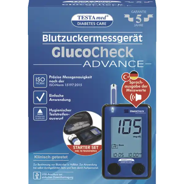 TESTAmed Blutzuckermessgert GlucoCheck ADVANCE: Цвет: https://www.rossmann.de/de/gesundheit-testamed-blutzuckermessgeraet-glucocheck-advance/p/4103040030597
Produktbeschreibung und details Zur Bestimmung von Blutzucker in Vollblut Zur Anwendung bei selbst durchgefhrten Tests und Tests durch Fachpersonal Inhalt Blutzuckermessgert Teststreifen Lanzetten Stechhilfe mit klarer Kappe fr Test an Handflche Unter ampamp Oberarm Kontrolllsung Batterie Etui Diabetikertagebuch Benutzerhandbuch und Kurzanleitung Messeinheit individuell einstellbar mgdl und mmoll optionale Sprachausgabe in Deutsch und Trkisch i keine Codierung notwendig StreifenAnzeigeleuchte  Alarmeinstellungen  Sekunden Reaktionszeit KetonWarnung Messung an alternativen Teststellen Speicherung von  Testwerten mit Mahlzeitenmarkierung StreifenAuswurfFunktion Messbereich    mgdl bzw    mmoll       Tage Durchschnittswerte Quick SIPIN Schnelle Blutaufnahme im Reaktionsfeld Kontaktdaten Sebapharma GmbH ampamp Co KG Postfach    Boppard Bad Salzig wwwtestamedde Gebrauch Aufbewahrung und Verwendung Aufbewahrungs und Verwendungsbedingungen Zwischen  und Grad unter  relativer Luftfeuchtigkeit Khl und trocken lagern Vor direkter Sonneneinstrahlung schtzen Konformittserklrung Konformittserklrung Laden Sie das Dokument zum Produkt als PDF herunter Hinweise zur Elektrogerte und Batterieentsorgung Hinweise zur Entsorgung von Elektrogerten und Batterien httpswwwrossmanndedeserviceundhilfeelektrogesetzbatteriegesetz