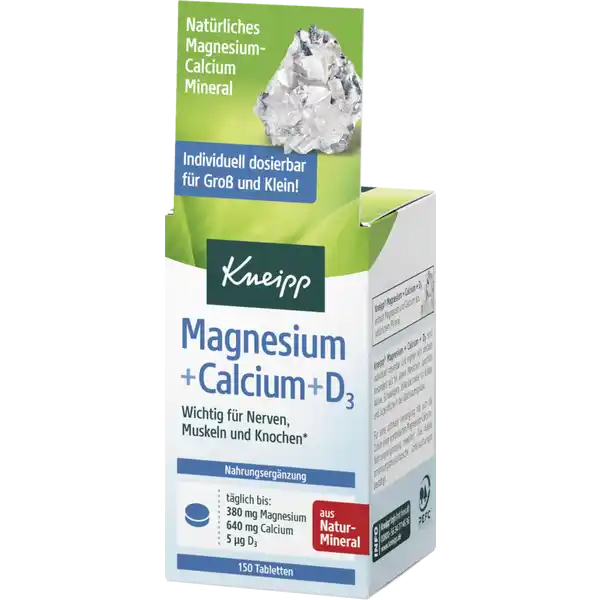 Kneipp Magnesium + Calcium + D3 Tabletten: Цвет: https://www.rossmann.de/de/gesundheit-kneipp-magnesium--calcium--d3-tabletten/p/4008233042404
Produktbeschreibung und details Kneipp Magnesium  Calcium  D enthlt reines Magnesium und Calcium aus natrlichem Mineral Kneipp MagnesiumCalciumD sind individuell dosierbar und eignen sich deshalb besonders gut fr ltere Menschen sportlich Aktive Schwangere Stillende sowie fr Kinder und Jugendliche in der Wachstumsphase Fr eine optimale Versorgung hat sich die Zufuhr einer kombinierten MagnesiumCalciumNahrungsergnzung bewhrt Das haben ernhrungsphysiologische Untersuchungen besttigt Magnesium und Calcium aus natrlichem Mineral individuell dosierbar fr Gro und Klein wichtig fr Nerven Muskeln und Knochen tglich bis  mg Magnesium  mg Calcium  g D Lebensmittelunternehmer Name Kneipp GmbH Adresse  Wrzburg Germany wwwkneippcom UrsprungslandHerkunftsort Deutschland Rechtlich vorgeschriebene Produktbezeichnung Nahrungsergnzungsmittel mit Magnesium Calcium und Vitamin D Zutaten Calciumcarbonat Magnesiumcarbonat Dextrose Maisstrke Maltodextrin Trennmittel Magnesiumsalze von Speisefettsuren und Siliciumdioxid Aroma Vitamin D Nhrwerte Durchschnittliche Nhrwertangaben pro  Portion Tagesdosis  Tabletten NRV Calcium  mg   Magnesium  mg   Vitamin D  g   Anwendung und Gebrauch  Tabletten ber den Tag verteilt zerkaut oder unzerkaut mit reichlich Flssigkeit verzehren Empfehlungen pro Tag Schulkinder  Tabletten Jugendliche und Erwachsene  Tabletten Schwangere und Stillende  Tabletten Gebrauch Aufbewahrung und Verwendung Aufbewahrungs und Verwendungsbedingungen Khl und trocken aufbewahren Warnhinweise und wichtige Hinweise Warnhinweise Kann bei bermigem Verzehr abfhrend wirken Die angegebene empfohlene tgliche Verzehrmenge darf nicht berschritten werden Nahrungsergnzungsmittel sind kein Ersatz fr eine ausgewogene und abwechslungsreiche Ernhrung und eine gesunde Lebensweise Auerhalb der Reichweite von kleinen Kindern aufbewahren