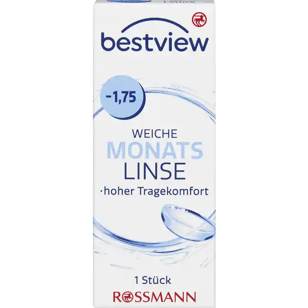 BestView weiche Monatslinse -1.75: Цвет: https://www.rossmann.de/de/gesundheit-bestview-weiche-monatslinse--175/p/4719879669725
Produktbeschreibung und details Durch das besonders weiche und sauerstoffdurchlssige Material der Monatslinse wird kaum Eingewhnungszeit bentigt Sie wurde fr den tglichen Gebrauch entwickelt und dient zum monatlichen Austausch Die Kanten der Monatslinse wurden speziell fr einen hohen Tragekomfort entwickelt Dadurch bleibt die Sehschrfe auch an den Rndern der Linse optimal hoher Tragekomfort  Stck Kontaktdaten Dirk Rossmann GmbH Isernhgener Strae   Burgwedel wwwrossmannde Gebrauch Aufbewahrung und Verwendung Aufbewahrungs und Verwendungsbedingungen Empfohlene Lagerung bei Raumtemperatur Inhaltsstoffe  sterile weiche getnte Kontaktlinse  Methafilcon A  HO in gepufferter Kochsalzlsung Warnhinweise und wichtige Hinweise Warnhinweise Nicht verwenden bei beschdigter Linsenverpackung Gehen Sie mit Ihren Linsen bitte regelmig zu einer augenrztlichen Kontrolle Folgen Sie den Anweisungen Ihres Kontaktlinsenanpassers auch bezglich der tglichen Tragedauer Die Tragedauer von  Wochen nicht berschreiten Schlafen Sie nicht mit eingesetzter Linse Bitte beachten Sie die beiliegende Gebrauchsinformation