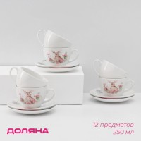 Сервиз фарфоровый чайный Доляна «Зайка», 12 предметов: 6 чашек 250 мл, 6 блюдец d=15 см, цвет белый: 