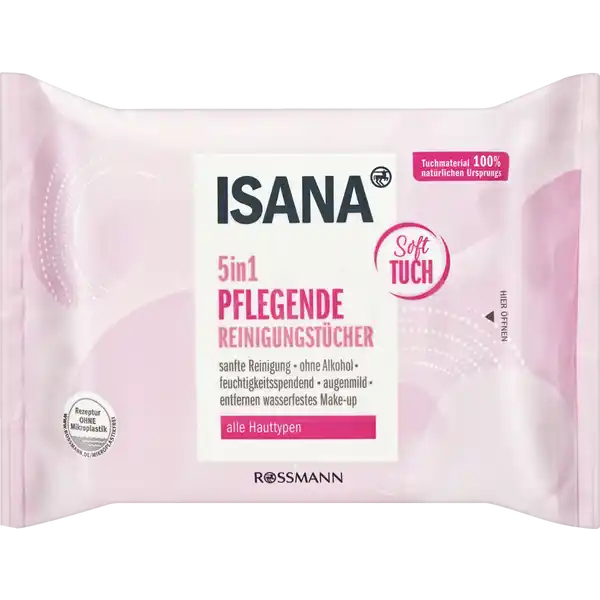 ISANA in Pflegende Reinigungstcher: Цвет: https://www.rossmann.de/de/make-up-isana-5in1-pflegende-reinigungstuecher/p/4305615342863
Produktbeschreibung und details Die ISANA in Pflegenden Reinigungstcher reinigen die Haut besonders sanft und grndlich Die Haut wird zustzlich mit Feuchtigkeit versorgt und wirkt strahlender Die besonders soften Tcher entfernen mhelos wasserfestes Makeup und sind auch ideal fr die sensible Augenpartie geeignet Durch die zarte Reinigunslotion ohne Alkohol sind die Reinigungstcher fr eine effektive und schnelle Reinigung des Gesichts optimal geeignetERGEBNIS Die Haut wird effektiv gereinigt fhlt sich zart und gepflegt an fr alle Hauttypen sanfte Reinigung ohne Alkohol feuchtigkeitsspendend augenmild entfernen wasserfestes Makeup HAUTVERTRGLICHKEIT dermatologisch besttigt Kontaktdaten Dirk Rossmann GmbH Isernhgener Strae   Burgwedel wwwrossmannde Testurteile Qualittssiegel ampamp Verbandszeichen Anwendung und Gebrauch Ein Tuch aus der Packung entnehmen und vollstndig auseinanderfalten Mit dem Tuch sanft ber Gesicht Augen und Hals streichen bis alle MakeupRckstnde entfernt sind Nach der Tuchentnahme das Klebeetikett wieder fest verschlieen Inhaltsstoffe Aqua Glycerin Cetearyl Isononanoate Allantoin Lauryl Glucoside Sodium Cocoamphoacetate Parfum Sodium Citrate Sweet Almond Oil Polyglyceryl Esters Polyglyceryl Caprate CocoGlucoside Panthenol Sodium Gluconate Glyceryl Oleate Phenoxyethanol Benzoic Acid Dehydroacetic Acid Citric Acid