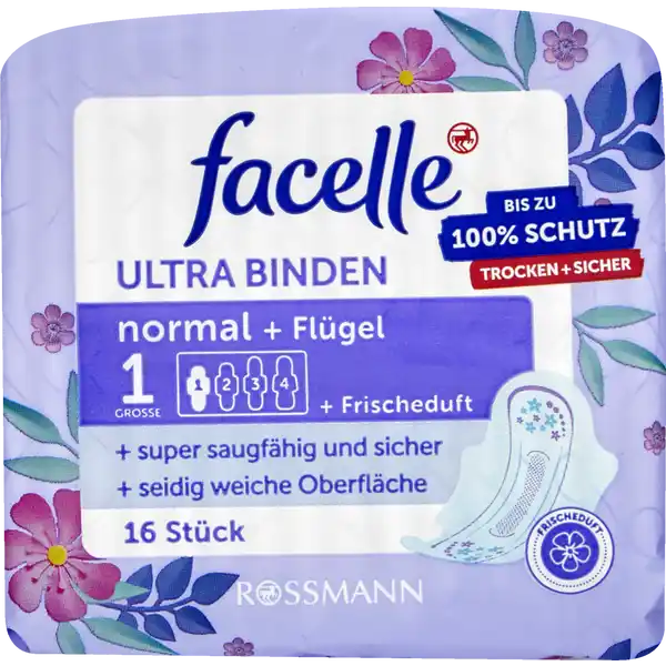 facelle Ultra Binden normal  Flgel  Frischeduft: Цвет: Produktbeschreibung und details bis zu  Schutz Trocken  Sicher Gre  super saugfhig und sicher  erhhter Auslaufschutz seidig weiche Oberflche der Frischeduft sorgt fr ein langanhaltendes Wohlbefinden weich und komfortabel dry touch Oberflche mit SeidenExtrakt und Vitamin E Hautvertrglichkeit dermatologisch besttigt optimaler Tragekomfort dank der Flgel und des anatomisch geformten Saugkrpers einzeln verpackt und praktisch fr unterwegs das fachFrischSystem entfernt und neutralisiert Gerche und beugt somit aktiv einer Geruchsentstehung vor Mae Lnge ca  cm Dicke ca  mm Kontaktdaten Dirk Rossmann GmbH Isernhgener Strae   Burgwedel wwwrossmannde UrsprungslandHerkunftsort Hergestellt in der EU Testurteile Qualittssiegel ampamp Verbandszeichen
https://www.rossmann.de/de/pflege-und-duft-facelle-ultra-binden-normal--fluegel--frischeduft/p/4305615579924