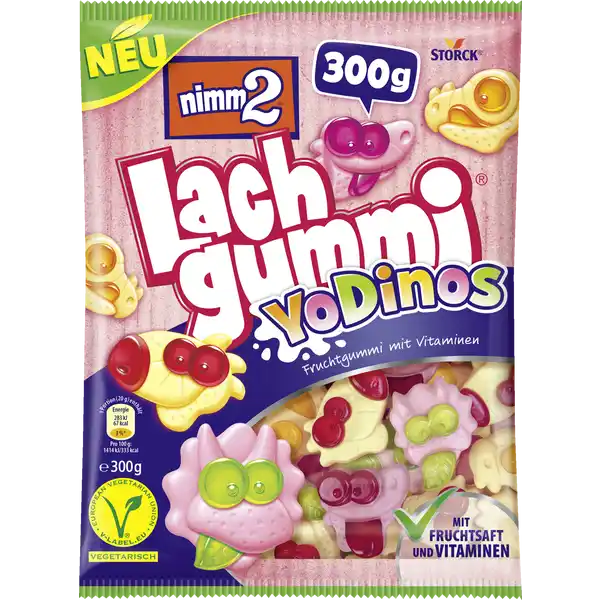 nimm2 Lachgummi Yo Dinos: Цвет: Produktbeschreibung und details mit Fruchtsaft und Vitaminen Lebensmittelunternehmer Name AUGUST STORCK KG Adresse Waldstr  D Berlin wwwstorckcomwwwnimmcom Testurteile Qualittssiegel ampamp Verbandszeichen Rechtlich vorgeschriebene Produktbezeichnung Fruchtgummi mit Vitaminen und Magermilchjoghurt Zutaten Glukosesirup Zucker modifizierte Strke MAGERMILCHJOGHURTPULVER  Fruchtsaft  aus Fruchtsaftkonzentrat Traube Holunderbeere Suerungsmittel Citronensure Milchsure hydrolysiertes MILCHEIWEI  natrliche Aromen frbende Konzentrate Schwarze Karotte Spirulina Niacin Vitamin E Pantothensure frbender KurkumaAuszug Vitamin B Biotin Vitamin B berzugsmittel Carnaubawachs Bienenwachs wei und gelb Nhrwerte Durchschnittliche Nhrwertangaben pro  g pro  Portion GDA GDA  g Energie  kj   kcal    kj   kcal   Fett  g   amplt  g   davon  gesttigte Fettsuren  g    g   Kohlenhydrate  g    g   davon  Zucker  g    g   Eiwei  g    g   Salz  g    g   NRV NRV Vitamin E  mg    mg   Niacin  mg    mg   Vitamin B  mg    mg   Vitamin B  g    g   Biotin  g    g   Pantothensure  mg    mg   Gebrauch Aufbewahrung und Verwendung Aufbewahrungs und Verwendungsbedingungen Vor Wrme und Feuchtigkeit schtzen
https://www.rossmann.de/de/lebensmittel-nimm2-lachgummi-yo-dinos/p/4014400930214