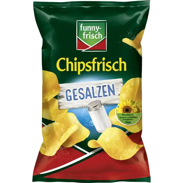 funny-frisch Chipsfrisch gesalzen: Цвет: Produktbeschreibung und details Oft sind die einfachen Dinge die Besten Wie die Gesalzenen Fr sie werden ausgesuchte Kartoffeln und wertvolles Sonnenblumenl verwendet Das Ganze wird mit Salz verfeinert Mehr braucht es nicht Einfach ehrlich pur keine geschmacksverstrkenden Zusatzstoffe vegan glutenfrei Lebensmittelunternehmer Name Intersnack Deutschland SE Adresse ErnaSchefflerStr  DE Kln wwwfunnyfrischde Rechtlich vorgeschriebene Produktbezeichnung Kartoffelchips gesalzen Zutaten Kartoffeln pflanzliche le Sonnenblume Raps in vernderlichen Gewichtsanteilen Speisesalz Nhrwerte Durchschnittliche Nhrwertangaben pro  g pro  Portion GDA  g Tagesdosis Referenzwert Referenzmenge fr einen durchschnittlichen Erwachsenen kj  kcal Energie  kj   kcal  kj   kcal   Fett  g  g   davon  gesttigte Fettsuren  g  g   Kohlenhydrate  g  g   davon  Zucker  g  g   Ballaststoffe  g  g Eiwei  g  g   Salz  g  g   Warnhinweise und wichtige Hinweise Warnhinweise Unter Schutzatmosphre verpackt
https://www.rossmann.de/de/lebensmittel-funny-frisch-chipsfrisch-gesalzen/p/4003586101389