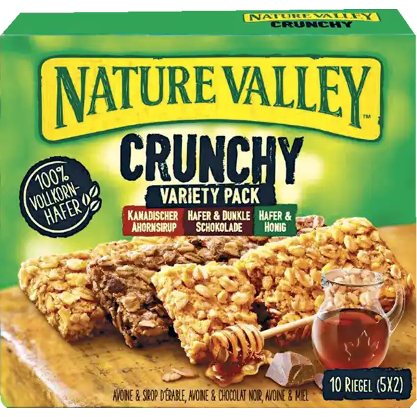 Nature Valley Crunchy Msliriegel Variety Pack: Цвет: Produktbeschreibung und details Nature Valley Crunchy Msliriegel Variety Pack Inhalt  x Kanadischer Ahornsirup  x Hafer ampamp Dunkle Schokolade  x Hafer ampamp Honig  VollkornHafer ohne Farb ohne Konservierungsstoffe laktosefrei Lebensmittelunternehmer Name General Mills GmbH Adresse Osterbekstr c  Hamburg wwwnaturevalleycom UrsprungslandHerkunftsort Spanien Rechtlich vorgeschriebene Produktbezeichnung Knuspriger Msliriegel mit VollkornHaferflocken und kanadischem Ahornsirup Knuspriger Msliriegel mit VollkornHaferflocken und dunklen SchokoladenStckchen Knuspriger Msliriegel mit VollkornHaferflocken und Honig Zutaten Knuspriger Msliriegel mit VollkornHaferflocken und kanadischem Ahornsirup Vollkorn HAFERFLOCKEN  Zucker Sonnenblumenl kanadischer Ahornsirup  Honig Speisesalz Melasse Emulgator SonnenblumenLecithin Backtriebmittel Natriumbicarbonat natrliches Aroma Kann ERDNSSE  SCHALENFRCHTE und SOJA enthalten Knuspriger Msliriegel mit VollkornHaferflocken und dunklen SchokoladenStckchen Vollkorn HAFERFLOCKEN  Zucker Sonnenblumenl dunkle SchokoladenStckchen  Kakaomasse Zucker Emulgator SOJALECITHIN  natrliches VanilleAroma fettreduzierter Kakao Honig Speisesalz Melasse Emulgator SonnenblumenLecithin Backtriebmittel Natriumbicarbonat natrliches Aroma Kann NSSE und SCHALENFRCHTE enthalten Knuspriger Msliriegel mit VollkornHaferflocken und Honig Vollkorn HAFERFLOCKEN  Zucker Sonnenblumenl Honig  Speisesalz Melasse Emulgator SonnenblumenLecithin BacktriebmittelNatriumbicarbonat Kann ERDNSSE  SCHALENFRCHTE und SOJA enthalten Nhrwerte Durchschnittliche Nhrwertangaben pro  g pro  Portion pro  g pro  Portion pro  g pro  Portion GDA GDA GDA  g  Kanadischer Ahornsirup Msliriegel  g  Kanadische Ahornsirup Msliriegel  g  Hafer ampamp Dunkle Schokolade Msliriegel  g  Hafer ampamp Dunkle Schokolade Msliriegel  g  Hafer ampamp Honigh  g Hafer ampamp Honig Msliriegel Energie  kj   kcal  kj   kcal    kj   kcal  kj   kcal    kj   kcal  kj   kcal   Fett  g  g    g  g    g  g   davon  gesttigte Fettsuren  g  g    g  g    g  g   Kohlenhydrate  g  g    g  g    g  g   davon  Zucker  g  g    g  g    g  g   Ballaststoffe  g  g  g  g  g  g Eiwei  g  g    g  g    g  g   Salz  g  g    g  g    g  g   Gebrauch Aufbewahrung und Verwendung Aufbewahrungs und Verwendungsbedingungen Khl und trocken aufbewahren
https://www.rossmann.de/de/lebensmittel-nature-valley-crunchy-muesliriegel-variety-pack/p/8410076601278