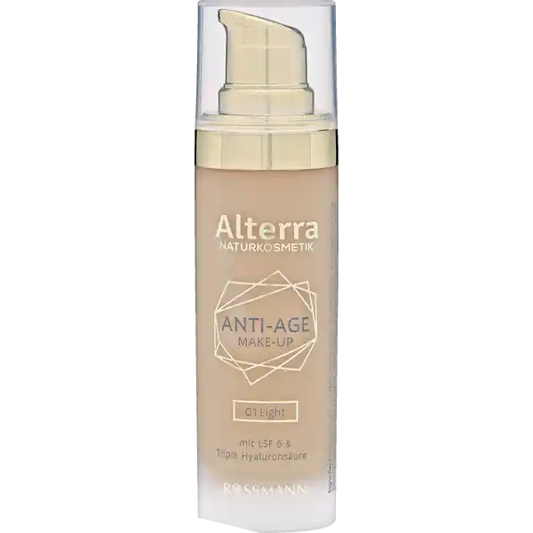 Alterra NATURKOSMETIK Anti-Age Make-up 01 - Light: Цвет: https://www.rossmann.de/de/make-up-alterra-naturkosmetik-anti-age-make-up-01---light/p/4305615765471
Produktbeschreibung und details Alterra Naturkosmetik AntiAge Makeup mit Triple Hyaluronsure ampamp LSF  Kaschiert Unebenheiten zuverlssig und schtzt die Haut mit Lichtschutzfaktor  vor SonneneinstrahlungDiese Rezeptur ist zu  ohne Mikroplastik laut zertifizierter NaturkosmetikDas AlterraProdukt entspricht den strengen NatrueKriterienHautvertrglichkeit dermatologisch besttigt Kontaktdaten Dirk Rossmann GmbH Isernhgener Strae   Burgwedel wwwrossmannde Testurteile Qualittssiegel ampamp Verbandszeichen Anwendung und Gebrauch Gleichmig auf die gereinigte Haut auftragen und sanft verteilen Inhaltsstoffe Aqua Glycerin CI  Alcohol denat Glycine Soja Oil Carthamus Tinctorius Seed Oil Octyldodecanol Zinc Oxide Glyceryl Stearate Citrate Myristyl Myristate Titanium Dioxide Glyceryl Stearate SE Argania Spinosa Kernel Oil Butyrospermum Parkii Butter Simmondsia Chinensis Seed Oil Hippophae Rhamnoides Fruit Extract Tricaprylin Cetyl Alcohol Xanthan Gum Microcrystalline Cellulose Stearic Acid Dehydroxanthan Gum Sodium Hyaluronate Calcium Alginate Algin Tocopherol Helianthus Annuus Seed Oil CI  CI  CI  Parfum Limonene Linalool Citral Citronellol Geraniol  ingredients from certified organic agriculture  from natural essential oils