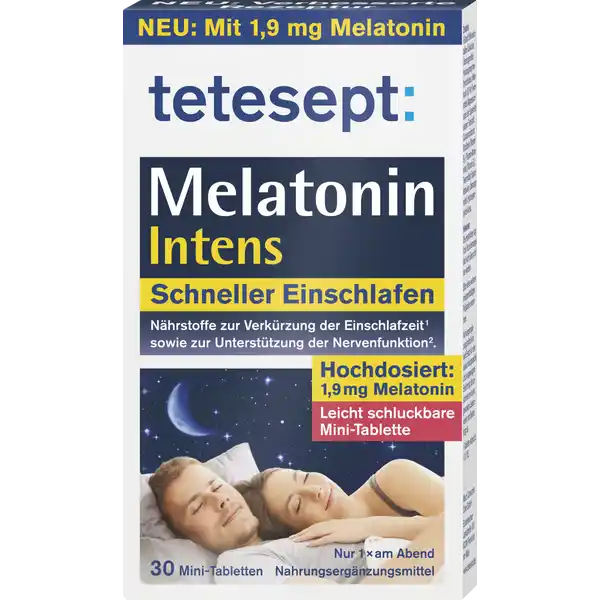 tetesept Melatonin Intens: Цвет: https://www.rossmann.de/de/gesundheit-tetesept-melatonin-intens/p/4008491106092
Produktbeschreibung und details Schlaf ist grundlegend fr das Wohlbefinden und die Gesundheit Der normale SchlafWachRhythmus wird durch die krpereigene Ausschttung von Melatonin reguliert Einige Faktoren knnen diesen Prozess aus der Balance bringen und somit auch den Schlafrhythmus Dazu zhlen Stress hormonelle Vernderungen Schichtarbeit oder auch Jetlag tetesept Melatonin Intens enthlt Melatonin fr ein schnelleres Einschlafen Die enthaltenen BVitamine untersttzen zustzlich die normale Funktion des Nervensystems Lebensmittelunternehmer Name Merz Consumer Care GmbH Adresse Eckenheimer Landstrae   Frankfurt wwwteteseptde Rechtlich vorgeschriebene Produktbezeichnung Nahrungsergnzungsmittel mit Vitamin B B und Melatonin Zutaten Fllstoff Mikrokristalline Cellulose berzugsmittel Hydroxypropylmethylcellulose Melatonin  Trennmittel Magnesiumsalze der Speisefettsuren Farbstoff Calciumcarbonat Riboflavin Vitamin B ThiaminMononitrat Vitamin B Trennmittel Speisefettsure berzugsmittel Hydroxypropylcellulose Anwendung und Gebrauch Abends vor dem Schlafengehen  Tablette mit ausreichend Flssigkeit unzerkaut verzehren Bei Jetlag Am ersten Reisetag kurz vor dem Schlafengehen sowie an den ersten Tagen nach Ankunft am Zielort je  Tablette verzehren Bitte halten Sie sich an die Verzehrempfehlung damit sich eine positive Wirkung einstellt Gebrauch Aufbewahrung und Verwendung Aufbewahrungs und Verwendungsbedingungen Vor Hitze und direkter Lichteinstrahlung schtzen Fr kleine Kinder unzugnglich aufbewahren Warnhinweise und wichtige Hinweise Warnhinweise Nahrungsergnzungsmittel sind kein Ersatz fr eine abwechslungsreiche und ausgewogene Ernhrung die zusammen mit einer gesunden Lebensweise von Bedeutung ist Die empfohlene tgliche Verzehrsmenge darf nicht berschritten werden Bitte keine weiteren melatoninhaltigen Prparate einnehmen