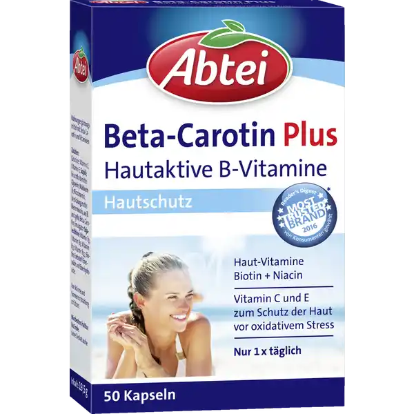 Abtei Beta-Carotin Plus Kapseln: Цвет: https://www.rossmann.de/de/gesundheit-abtei-beta-carotin-plus-kapseln/p/4250752201873
Produktbeschreibung und details Durch die Sonne und andere uere Umwelteinflsse aber auch durch die Ernhrung kann die Haut stark belastet werden Abtei BetaCarotin Plus  Fr gesunde und schne Haut Mit BetaCarotin ProVitamin A Mit Biotin und Niacin Mit Vitamin C E und weiteren BVitaminen Vitamin E C und B untersttzen den Schutz der Zellen vor oxidativem Stress durch freie Radikale Vitamin C untersttzt die normale Kollagenbildung fr eine gesunde Haut BetaCarotin wird im Krper in Vitamin A umgewandelt das mit Biotin ampamp Niacin den Erhalt gesunder Haut untersttzt Lebensmittelunternehmer Name ABTEI OP Pharma GmbH Adresse Abtei  D Marienmnster UrsprungslandHerkunftsort Deutschland Rechtlich vorgeschriebene Produktbezeichnung Nahrungsergnzungsmittel mit BetaCarotin und Vitaminen Zutaten Gelatine Vitamin C Vitamin E Sojal Feuchthaltemittel Glycerin Maiskeiml Nicotinamid Verdickungsmittel Bienenwachs wei und gelb BetaCarotin Emulgator Sojalecithine Vitamin B Vitamin B Vitamin B Vitamin B Biotin Farbstoff Eisenoxide und Eisenhydroxide Nhrwerte Durchschnittliche Nhrwertangaben pro  Portion  Tablette NRV Calcium  mg   Magnesium  mg   Eisen  mg   Zink  mg   Kupfer  g   Mangan  mg   Fluorid  mg   Selen  g   Chrom  g   Molybdn  g   Jod  g   Vitamin A  g   Vitamin D  g   Vitamin E  mg   Vitamin K  g   Vitamin C  mg   Vitamin B Thiamin  mg   Vitamin B Riboflavin  mg   Niacin  mg   Vitamin B  mg   Folsure  g   Vitamin B  g   Biotin  g   Pantothensure  mg   Anwendung und Gebrauch Verzehrsempfehlung Tglich  Kapsel mit reichlich Flssigkeit zB  Glas Wasser schlucken Gebrauch Aufbewahrung und Verwendung Aufbewahrungs und Verwendungsbedingungen Vor Wrme und Sonneneinstrahlung schtzen Warnhinweise und wichtige Hinweise Warnhinweise Auerhalb der Reichweite kleiner Kinder aufbewahren Die angegebene empfohlene tgliche Verzehrsmenge darf nicht berschritten werden Nahrungsergnzungsmittel sind kein Ersatz fr eine abwechslungsreiche und ausgewogene Ernhrung sowie eine gesunde Lebensweise Starke Raucher sollten hohe Mengen von mehr als  mg BetaCarotin pro Tag meiden