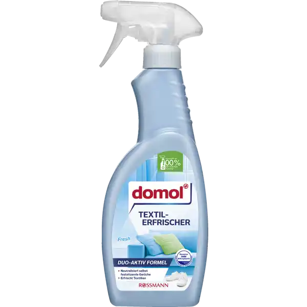 domol Fresh Textilerfrischer Spray: Цвет: https://www.rossmann.de/de/haushalt-domol-fresh-textilerfrischer-spray/p/4305615375007
Produktbeschreibung und details Freuen Sie sich auf ein frisch duftendes Zuhause  mit dem domol Textilerfrischer entfernt effektiv ampamp zuverlssig unangenehme Gerche ideal fr Textilien Schuhe Teppiche Polstermbel ampamp Vorhnge dermatologisch getestet Kontaktdaten Dirk Rossmann GmbH Isernhgener Strae   Burgwedel wwwrossmannde   UrsprungslandHerkunftsort Hergestellt in der EU Testurteile Qualittssiegel ampamp Verbandszeichen Anwendung und Gebrauch Mindestens  cm Abstand einhalten und gleichmig besprhen bis das Textil leicht angefeuchtet ist  nicht durchnssen Anschlieend trocknen lassen Bei besonders hartnckigen Gerchen den Vorgang wiederholen Empfindliche Textilien wie zB Seide an unaufflliger Stelle testen Gebrauch Aufbewahrung und Verwendung Aufbewahrungs und Verwendungsbedingungen Aufrecht transportieren und lagern Auer Reichweite von Kindern aufbewahren Inhaltsstoffe unter  nichtionische Tenside Duftstoffe Geruchsabsorber organische Lsemittel Bitterstoff Warnhinweise und wichtige Hinweise Warnhinweise Nicht auf Leder anwenden Augenkontakt vermeiden Falls das Produkt in die Augen gelangt diese grndlich mit Wasser aussplen Nicht verschlucken Wenn das Produkt verschluckt worden ist Arzt aufsuchen Vor Frost und Hitze schtzen Erhhte Sicherheit fr Kinder Enthlt einen speziellen Bitterstoff zum Schutz vor versehentlichen Verschlucken Detergenzienblatt Detergenzienblatt Laden Sie das Dokument zum Produkt als PDF herunter