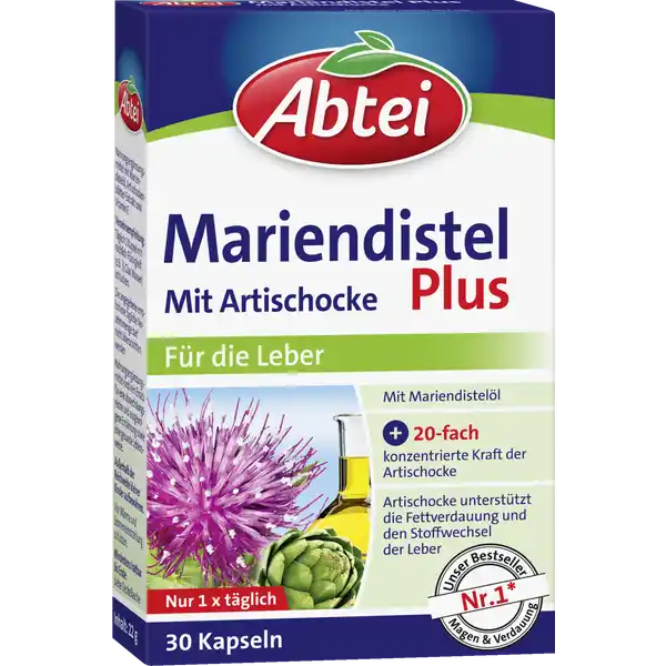 Abtei Mariendistel Plus Mit Artischocke: Цвет: https://www.rossmann.de/de/gesundheit-abtei-mariendistel-plus-mit-artischocke/p/4250752204744
Produktbeschreibung und details Unsere Leber ist ebenso unersetzlich wie vielseitig Sie ist StoffwechselZentrale GlykogenSpeicher und auch das Entgiftungs und Verdauungsorgan unseres Krpers Auerdem dient sie dem Abbau krperfremder und schdlicher Substanzen wie zB Medikamenten und Alkohol und untersttzt zudem die Verdauung fettreicher Speisen Abtei Mariendistel Plus kombiniert hochwertiges Mariendistell mit Artischockenbltterextrakt zur Untersttzung der Leberfunktion Die MariendistelKapseln enthalten die fach konzentrierte Kraft der Artischocke Eine Kapsel tglich untersttzt den Stoffwechsel der Leber und ist dabei natrlich wirksam glutenfrei laktosefrei Lebensmittelunternehmer Name ABTEI OP Pharma GmbH Adresse Abtei  D   Marienmnster wwwabteide Rechtlich vorgeschriebene Produktbezeichnung Nahrungsergnzungsmittel mit Mariendistell ArtischockenbltterExtrakt und Vitamin E Zutaten Mariendistell   wssriger ArtischockenbltterExtrakt    Maltodextrin Gelatine Vitamin E Trennmittel gelbes Bienenwachs Farbstoff Eisenoxide und Eisenhydroxide Nhrwerte Durchschnittliche Nhrwertangaben pro  Portion  Stck Tagesdosis Referenzwert Referenzmenge nach EULebensmittelinformationsverordnung NRV Vitamin E  mg   Anwendung und Gebrauch Verzehrsempfehlung Tglich  Kapsel mit reichlich Flssigkeit zB  Glas Wasser schlucken Gebrauch Aufbewahrung und Verwendung Aufbewahrungs und Verwendungsbedingungen Vor Wrme und Sonneneinstrahlung schtzen Auerhalb der Reichweite kleiner Kinder aufbewahren Warnhinweise und wichtige Hinweise Warnhinweise Nahrungsergnzungsmittel sind kein Ersatz fr eine abwechslungsreiche und ausgewogene Ernhrung sowie eine gesunde Lebensweise Die angegebene empfohlene tgliche Verzehrsmenge darf nicht berschritten werden