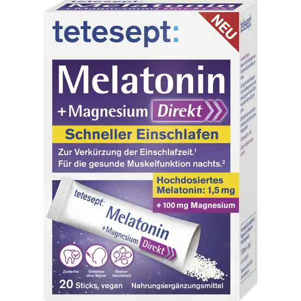 tetesept Melatonin + Magnesium Direkt Sticks: Цвет: https://www.rossmann.de/de/gesundheit-tetesept-melatonin--magnesium-direkt-sticks/p/4008491100953
Produktbeschreibung und details Erholsamer und tiefer Schlaf ist grundlegend fr das Wohlbefinden und die Gesundheit Der normale SchlafWachRhythmus wird durch die krpereigene Ausschttung von Melatonin reguliert Stress hormonelle Vernderungen Nachtarbeit oder auch Jetlag knnen diesen natrlichen Prozess und damit auch den Schlafrhythmus aus der Balance bringen tetesept MelatoninMagnesium Direkt Sticks enthalten hochdosiertes Melatonin fr ein einfacheres schnelleres Einschlafen Magnesium untersttzt die Muskeln Fr entspannte Muskeln in der Nacht mit BeerenGeschmack schneller einschlafen Einnahme ohne Wasser zuckerfrei laktose und glutenfrei vegan Lebensmittelunternehmer Name Merz Consumer Care GmbH Adresse Eckenheimer Landstrae   Frankfurt am Main wwwteteseptde UrsprungslandHerkunftsort Deutschland Rechtlich vorgeschriebene Produktbezeichnung Nahrungsergnzungsmittel mit Magnesium und Melatonin Mit Sungsmittel Zutaten Sungsmittel Sorbitol Magnesiumoxid Suerungsmittel Zitronensure Melatonin  Aromen Schwarze Johannisbeere Erdbeere Farbstoff AmmoniumsulfitZuckerkulr Nhrwerte Durchschnittliche Nhrwertangaben pro  Portion Tagesdosis Tagesdosis Referenzwert Anteil der Referenzwerte fr die tgliche Zufuhr gem Europischer Lebensmittelinformationsverordnung LMIV NRV  Nutrient Reference Value NRV Magnesium  mg   Anwendung und Gebrauch Abends vor dem Schlafengehen x den Inhalt eines Sticks verzehren Bei Jetlag Am ersten Reisetag kurz vor dem Schlafengehen sowie an den ersten Tagen nach Ankunft am Zielort je  Stick verzehren Bitte halten Sie sich an die Verzehrsempfehlung damit sich eine positive Wirkung einstellt Gebrauch Aufbewahrung und Verwendung Aufbewahrungs und Verwendungsbedingungen Trocken lagern vor Hitze und direkter Lichteinstrahlung schtzen Fr kleine Kinder unzugnglich aufbewahren Warnhinweise und wichtige Hinweise Warnhinweise Mit Sungsmittel Die empfohlene tgliche Verzehrsmenge darf nicht berschritten werden Nahrungsergnzungsmittel sind kein Ersatz fr eine abwechslungsreiche und ausgewogene Ernhrung die zusammen mit einer gesunden Lebensweise von Bedeutung ist Bitte keine weiteren melatoninhaltigen Prparate einnehmen Kann bei bermigem Verzehr abfhrend wirken Kann Spuren von Schwefeldioxid und Sulphiten enthalten