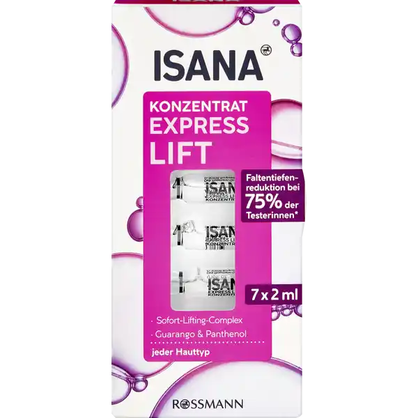 ISANA Express Lift Konzentrat: Цвет: https://www.rossmann.de/de/pflege-und-duft-isana-express-lift-konzentrat/p/4305615622347
Produktbeschreibung und details Faltentiefenreduktion bei  der Testerinnen SofortLiftingComplex Guarango ampamp Panthenol jeder Hauttyp Das ISANA Express Lift Konzentrat ist eine glttende und feuchtigkeitsspendende Intensivpflege fr jede Haut WIRKUNG Der spezielle Wirkstoffkomplex mit der natrlichen Kraft des GuarangoBaumes und der Zichorie glttet Falten und hat einen sofortigen LiftingEffekt ProVitamin B spendet Feuchtigkeit beruhigt und untersttzt den Erholungsprozess der Haut Ergebnis Die Haut fhlt sich angenehm gepflegt und durchfeuchtet an Die Faltentiefe wird nachweislich reduziert bei  der Testerinnen wurde nach  h ein positiver Effekt hinsichtlich der Faltentiefe nachgewiesen invivoStudie mit  Personen zum WirkstoffHautvertrglichkeit dermatologisch besttigt und pHheutneutralDiese Rezeptur ist zu  ohne Mikroplastik Kontaktdaten Dirk Rossmann GmbH Isernhgener Strae   Burgwedel wwwrossmannde Testurteile Qualittssiegel ampamp Verbandszeichen Anwendung und Gebrauch ANWENDUNG Nach der Hautreinigung das Konzentrat in die Hand nehmen und die beiliegende Aufbrechhilfe aus Karton ber den Kopf der Ampulle stlpen bis diese fhlbar einrastet Den Ampullenhals mit einer ruckartigen Bewegung am Ring aufbrechen Den Inhalt in die Handflche geben gleichmig ber Gesicht Hals und Dekollet verteilen und sanft einklopfen Augenpartie aussparen Wir empfehlen Ihnen anschlieend Ihre gewohnte ISANA Tages oder Nachtcreme zu verwenden Gebrauch Aufbewahrung und Verwendung Aufbewahrungs und Verwendungsbedingungen HINWEIS Ampullen nur uerlich anwenden Auerhalb der Reichweite von Kindern aufbewahren Ampulle nach dem ffnen unmittelbar verbrauchen Vorsicht Die Ampulle nicht verwenden wenn es zu Glasbruch gekommen ist und Glassplitter im Produkt zu finden sind Mindesthaltbarkeitsdatum Siehe Aufdruck Inhaltsstoffe Aqua Cichorium Intybus Root Oligosaccharides Glycerin Butylene Glycol CaprylylCapryl Glucoside Panthenol Sodium Lactate Sodium PCA Fructose Glycine Inositol Lactic Acid Niacinamide Urea Calcium Gluconate Phenoxyethanol Xanthan Gum Parfum Disodium EDTA Ethylhexylglycerin Gluconolactone Caesalpinia Spinosa Gum Sodium Benzoate Geraniol Citronellol Benzyl Alcohol Pantolactone Linalool Limonene AlphaIsomethyl Ionone Citric Acid
