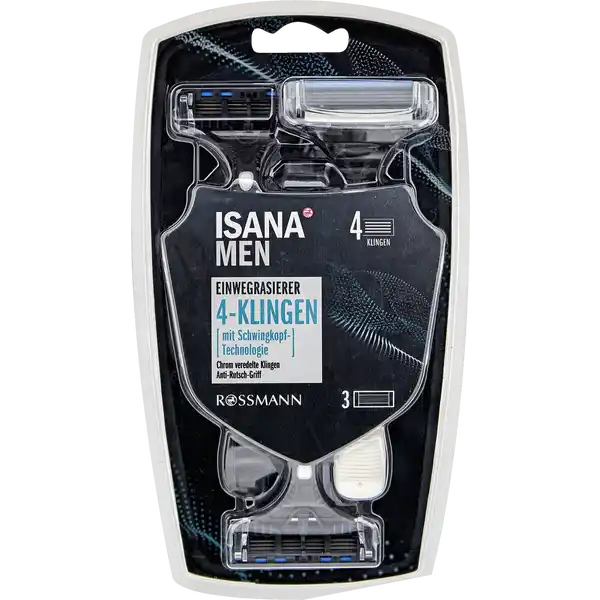 ISANA MEN Einwegrasierer 4-Klingen: Цвет: https://www.rossmann.de/de/pflege-und-duft-isana-men-einwegrasierer-4-klingen/p/4305615613963
Produktbeschreibung und details fr empfndliche Haut geeignet gefederter Schwingkopf fr jede Gesichtskontur  chrombeschichtete Klingen fr ein sicheres Gleiten auf der Haut Gleitstreifen mit besonderen Pflegestoffen AntiRutschGriff fr eine grndliche und schonende Rasur Kontaktdaten Dirk Rossmann GmbH Isernhgener Strae   Burgwedel wwwrossmannde Anwendung und Gebrauch Die Klingen ausschlielich unter flieendem Wasser reinigen  nicht abwischen Inhaltsstoffe Polystyrene PEGM PEGM Chamomilla Recutita Extract Olea Europaea Leaf Extract Allantoin CI  CI  CI