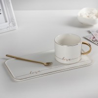 Чайная пара керамическая с ложкой «Эстетика», 2 предмета: кружка 250 мл, подставка 24,5?12,5 см, цвет белый: 