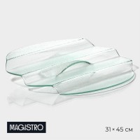 Блюдо стеклянное сервировочное Magistro «Авис», 4 ступени, 31?45?12,5 см: Цвет: Правильно подобранная посуда для фуршета – важнейший стильный атрибут праздника. Событие или праздник требует подходящих аксессуаров. Блюдо для закусок Magistro «Авис» прекрасно подойдёт для фуршетной сервировки. Оно имеет ступени, красиво смотрится на столе, а закуски будут ещё вкуснее.</p>Можно использовать в посудомоечных машинах и микроволновых печах.</p><strong>Преимущества товара:</strong></p><ol><li>Стильное и элегантное: стеклянное блюдо для сервировки выглядит очень красиво и изысканно, что позволяет украсить любой стол.</p></li><li>Устойчивость к повреждениям: стекло является прочным материалом, который не царапается и не трескается при падении.</p></li><li>Легкость в уходе: стеклянное блюдо очень легко мыть, оно не впитывает запахи и не меняет цвет со временем.</p></li><li>Универсальность: стеклянное блюдо подходит для подачи как горячих, так и холодных блюд, а также для десертов.</p></li></ol>
: Magistro
: Турция
