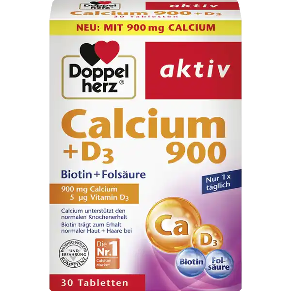 Doppelherz aktiv Calcium + D3: Цвет: Produktbeschreibung und details Calcium ist ein lebensnotwendiger Mineralstoff der zum Erhalt von normalen Knochen und Zhnen beitrgt Calcium spielt auch fr die normale Muskelfunktion sowie fr die normale Blutgerinnung eine Rolle und untersttzt den normalen Energiestoffwechsel Vitamin D kann der Krper durch regelmige Einwirkung von Sonnenlicht auf die Haut selbst herstellen Diese Eigenproduktion reicht in unseren Breitengraden jedoch oft nicht aus x tglich  mg Calcium untersttzt den normalen Knochenerhalt  g Vitamin D Biotin trgt zum Erhalt normaler Haut  Haare bei Lebensmittelunternehmer Name Queisser PHARMA Adresse Schleswiger Str   Flensburg Deutschland wwwdoppelherzde Rechtlich vorgeschriebene Produktbezeichnung Tabletten mit Calcium Vitamin D Folsure und Biotin  Nahrungsergnzungsmittel Zutaten Calciumcarbonat Fllstoff mikrokristalline Cellulose Fllstoff Polyvinylpyrrolidon Trennmittel Speisefettsuren berzugsmittel Hydroxypropylmethylcellulose Trennmittel vernetzte Carboxymethylcellulose Trennmittel Magnesiumsalze der Speisefettsuren Trennmittel Talkum Farbstoff Titandioxid berzugsmittel Hydroxypropylcellulose Pteroylmonoglutaminsure DBiotin Cholecalciferol Nhrwerte Durchschnittliche Nhrwertangaben pro  Portion  Tablette NRV Calcium  mg   Vitamin D  g   Folsure  g   Biotin  g   Anwendung und Gebrauch Tglich  Tablette zu einer Mahlzeit mit ausreichend Flssigkeit unzerkaut einnehmen Die Tablette kann bei Bedarf auch in zwei Hlften geteilt werdenDie Tabletten sind fr Personen mit Schluckbeschwerden nicht geeignet Gebrauch Aufbewahrung und Verwendung Aufbewahrungs und Verwendungsbedingungen Trocken und nicht ber  C lagern Warnhinweise und wichtige Hinweise Warnhinweise Fr kleine Kinder unzugnglich aufbewahren Fr Kinder und Jugendliche nicht geeignet Die angegebene empfohlene tgliche Verzehrmenge darf nicht berschritten werden Nahrungsergnzungsmittel sind kein Ersatz fr eine ausgewogene und abwechslungsreiche Ernhrung und gesunde Lebensweise
https://www.rossmann.de/de/gesundheit-doppelherz-aktiv-calcium--d3/p/4009932137149