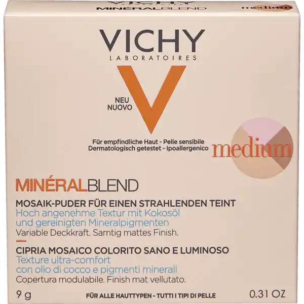 VICHY MINRALBLEND MosaikPuder medium: Цвет: Produktbeschreibung und details Das Minralblend Mosaik Puder mit drei separaten Farben basiert auf ausgewhlten natrlichen Inhaltsstoffen Die Textur ist mit gereinigten Mineralpigmenten und Kokosl angereichert Minralblend Mosaik Puder gleicht den Teint aus und garantiert ein angenehmes Tragegefhl fr alle Hauttypen Der Mosaik Puder kann allein oder nach dem FlssigMakeup Minralblend Fluid aufgetragen werden und sorgt fr einen frischen mattierten Teint Der erste MosaikPuder der die Haut ausgleicht und einen strahlenden Teint hinterlsst Die atmungsaktive Formel sorgt fr eine gesundes verbessertes Hautbild und garantiert einen angenehmes Tragegefhl  den ganzen Tag fr alle Hauttypen fr einen strahlenden Teint variable Deckkraft samtig mattes Finish hypoallergen nichtkomedogen dermatologisch getestet fr empfindliche Haut geeignet Kontaktdaten VICHY CAICAF  Vichy France TSA   ST OUEN CEDEX FR wwwvichycom UrsprungslandHerkunftsort Italien Anwendung und Gebrauch EIN PUDER ZWEI MAKEUPERGEBNISSE Der Minralblend MosaikPuder kann allein oder nach dem Makeup aufgetragen werden Eine ideale Ergnzung zum Minralblend MakeupFluid fr einen ebenmigen und frischen Teint Inhaltsstoffe TALC  SYNTHETIC FLUORPHLOGOPITE  ZEA MAYS STARCH  CORN STARCH  COCOS NUCIFERA OIL  COCONUT  OIL  MAGNESIUM STEARATE  CAPRYLICCAPRIC TRIGLYCERIDE  TIN OXIDE  PARFUM  FRAGRANCE  SILICA  CAPRYLYL GLYCOL MAY CONTAIN CI   RED   CI   TITANIUM DIOXIDE  CI  CI  CI   IRON OXIDES  CI   ULTRAMARINES  MICA
https://www.rossmann.de/de/make-up-vichy-mineralblend-mosaik-puder-medium/p/3337875641517