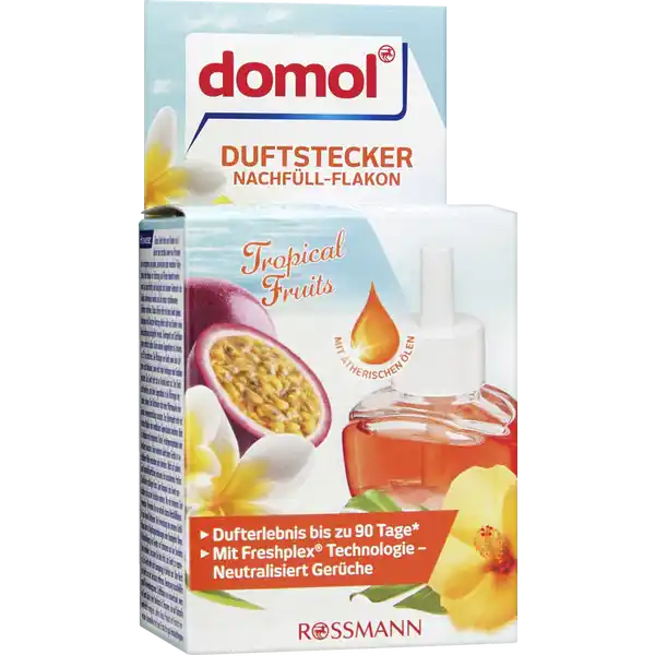 domol Duftstecker NachfllFlakon Tropical Fruits: Цвет: Produktbeschreibung und details Freuen Sie sich auf ein sommerlichfruchtiges Dufterlebnis in Ihrem Zuhause  mit dem domol Duftstecker NachfllFlakon Tropical Fruits dauerhaftes Dufterlebnis fr bis zu  Tage bei einer Verwendung von  Stunden pro Tag auf kleinster Stufe die Duftintensitt ist am Duftstecker individuell einstellbar Kontaktdaten Dirk Rossmann GmbH Isernhgener Strae   Burgwedel wwwdomolrossmannde Kostenloses InfoTelefon  Testurteile Qualittssiegel ampamp Verbandszeichen Anwendung und Gebrauch Entfernen Sie den Schraubverschluss vom Glasflakon und bewahren diesen bitte auf Den Flakon richtig herum vorsichtig in das Gert stecken bis die Wlbung auf dem Flakon in die Kindersicherung einrastet Achten Sie bitte darauf dass der Docht nicht beschdigt wird Stecken Sie das Gert aufrecht in eine Steckdose  Volt Die vordere Steckeinheit ist drehbar Schalten Sie das Gert ein Die KontrollLED im Gert leuchtet Der Ring auf der oberen Seite des Gertes ermglicht Ihnen die Duftintensitt zu regulieren Zum Herausnehmen des Flakons schalten Sie das Gert aus und entfernen Sie es aus der Steckdose Der Flakon lsst sich aus dem Gert ziehen wenn die Lasche der Kindersicherung leicht angehoben wird Gebrauch Aufbewahrung und Verwendung Aufbewahrungs und Verwendungsbedingungen Bewahren Sie das Gert stehend auf Flakons mit Restinhalt bitte mit dem Schraubverschluss verschlieen Inhaltsstoffe Enthlt TETRAHYDROLINALOOL DIMETHYLCYCLOHEXENE CARBOXALDEHYDE EUGENOL METHYLCINNAMIC ALDEHYDE METHYL CINNAMATE BETACARYOPHYLLENE ISOCYCLOCITRAL ETHYL DIMETHYLHYDROCINNAMAL NOREENAL Warnhinweise und wichtige Hinweise Warnhinweise ACHTUNG Kann allergische Hautreaktionen verursachen Schdlich fr Wasserorganismen mit langfristiger Wirkung Ist rztlicher Rat erforderlich Verpackung oder Kennzeichnungsetikett bereithalten Darf nicht in die Hnde von Kindern gelangen BEI BERHRUNG MIT DER HAUT Mit viel Wasser waschen Bei Hautreizung oder ausschlag rztlichen Rat einholenrztliche Hilfe hinzuziehen Inhalt und Behlter einer Sammelstelle fr gefhrlicheAbflle oder Sondermll gem den lokalen regionalen nationalen undoder internationalen Vorschriften zufhren Enthlt TETRAHYDROLINALOOL DIMETHYLCYCLOHEXENE CARBOXALDEHYDE EUGENOL METHYLCINNAMIC ALDEHYDE METHYL CINNAMATE BETACARYOPHYLLENE ISOCYCLOCITRAL ETHYL DIMETHYLHYDROCINNAMAL NOREENAL Den domol Duftstecker nur mit domol Duftstecker NachfllFlakons verwenden Dieses Gert kann von Kindern ab  Jahren und darber sowie von Personen mit verringerten physischen sensorischen oder mentalen Fhigkeiten oder Mangel an Erfahrung und Wissen benutzt werden wenn sie beaufsichtigt oder bezglich des sicheren Gebrauchs des Gertes unterwiesen wurden und die daraus resultierenden Gefahren verstehen Kinder drfen nicht mit dem Gert spielen Reinigung und BenutzerWartung drfen nicht von Kindern ohne Beaufsichtigung durchgefhrt werden Elektrogert und Glasflakon immer aufrechthalten Keine anderen Gegenstnde im Umkreis von  cm platzieren Die ffnungen am Gert sowie den Luftstrom nicht blockieren sowie nicht hinter Vorhngen oder Gardinen benutzen Das Gert heizt sich im Betrieb leicht auf Den Docht nicht berhren und keine Gegenstnde in die ffnungen des Gertes stecken Den Duftstecker nicht einer Wrmequelle oder direkter Sonneneinstrahlung aussetzen Das Elektrogert nicht mit feuchten Hnden oder metallischen Gegenstnden berhren Nicht in Steckdosen mit integriertem Deckel Verlngerungskabeln oder Verteilern benutzen Keine weiteren elektrischen Gerte in unmittelbarer Nhe einstecken oder betreiben Nicht auf polierte oder Kunststoffoberflchen platzieren da auslaufendes Parfm Oberflchen schdigen kann Zum Reinigen das Gert ausschalten und aus der Steckdose nehmen Nur ein trockenes Tuch verwenden Verwenden Sie nur aktuelle domol Nachfllflakons fr den domol Duftstecker Die Verwendung von anderen Duftlflakons kann zu Vergiftungserscheinungen oder Brandgefahr fhren Bei Beschdigung des Gertes vor Entnahme aus der Steckdose Stromabstellen Versuchen Sie bitte nicht das Gert zu reparieren Das Gert sollte nicht durchgngig in Betrieb sein ber Nacht das Gert aus der Steckdose entfernen Benutzung ausschlielich gem Verwendungszweck Duftflakons nur auswechseln wenn das Gert nicht in der Steckdose ist Personen die auf Duftstoffe empfindlich reagieren sollten dieses Produkt mit Vorsicht verwenden Raumdfte sind kein Ersatz fr gute Haushaltshygiene
https://www.rossmann.de/de/haushalt-domol-duftstecker-nachfuell-flakon-tropical-fruits/p/4305615715728