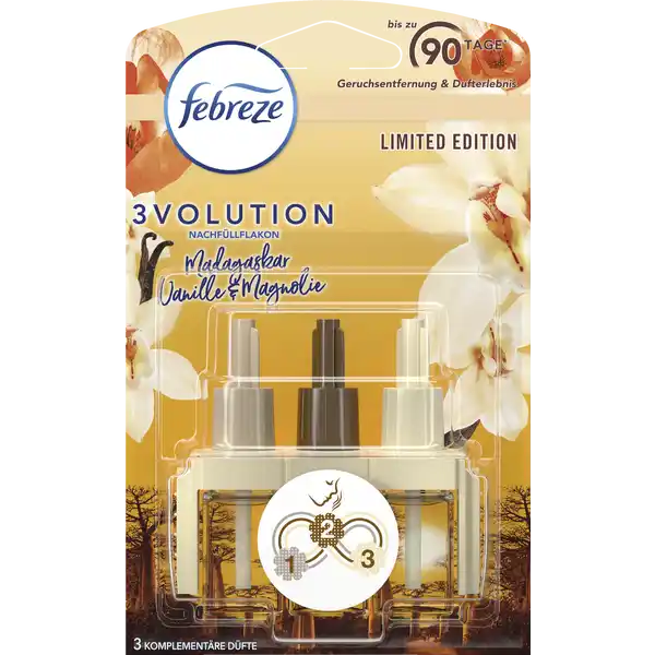 febreze VOLUTION Lufterfrischer Nachfllflakon fr Duftstecker Madagaskar Vanille: Цвет: Produktbeschreibung und details Der Febreze Volution Madagaskar Vanille ampamp Magnolie Duftstecker befreit die Luft kontinuierlich von Gerchen und wechselt zwischen  sich ergnzenden Dften fr lang anhaltende Frische bis zu  Tage Entfliehen Sie in die tropische Duftwelt der Vanillefelder und Magnolienbume Madagaskars Bei anderen Duftsteckern gewhnt sich die Nase schnell an den stets gleichen Duft und wird geruchsblindquot so dass der Duft nach einiger Zeit gar nicht mehr wahrgenommen wird Der Febreze Volution Duftstecker lst dieses Problem da er alle  Minuten automatisch zwischen  sich ergnzenden hochwertigen Dften wechselt und damit ein kontinuierliches Frischeerlebnis schafft Verwenden Sie den Febreze Volution Nachfllflakon mit dem Febreze Volution Duftstecker um Ihrem Zuhause einen frischen Duft zu verleihen den Sie Tag fr Tag und Woche fr Woche wahrnehmen Mit dem regulierbaren Duftstecker knnen Sie die Duftintensitt so einstellen wie es Ihnen angenehm erscheint Damit schaffen Sie ein frisches Ambiente das Sie  Tage lang genieen knnenbei h Verwendung pro Tag auf niedriger Intensittsstufe Kontaktdaten Procter ampamp Gamble International Operations SA  route de SaintGeorges  PetitLancy Switzerland wwwfebrezede   Anwendung und Gebrauch Nachfller und Gert immer aufrecht halten Nur wie beschrieben verwenden Alle Kappen vom Nachfller entfernen Vor dem Anbringen des Nachfllers den Duftstecker aus der Steckdose ausstecken Flakons mssen immer nach unten zeigen Nicht verdecken oder hinter einem Vorhang plazieren ber den Duftstecker mind  cm Abstand halten Nicht mit Verlngerungskabel oder an Mehrfachsteckdosen verwenden Aus der Steckdose entfernen und austauschen wenn leer Inhaltsstoffe Linalool TertButylcyclohexyl Acetate Tetramethyl Acetyloctahydronaphthalenes Limonene Methylenedioxyphenyl Methylpropanal Geranyl Acetate Hydroxycitronellal AlphaIsomethyl Ionone Cyclamen Aldehyde Amyl Cinnamal Dimethyl Heptenal DimethylCyclohexene Carboxaldehyde Hexyl Salicylate Pentamethylheptenone Methylcyclopentadecenone Citronellol TrimethylAPropylcyclohexanepropanol Allyl Cyclohexylpropionate Rose Ketone Ethyl  Dimethylhydrocinnamal DeltaDamascone Scentenal Eugenol Methyl Octine Carbonate Warnhinweise und wichtige Hinweise Warnhinweise ACHTUNG Verursacht Hautreizungen Verursacht schwere Augenreizung Kann allergische Hautreaktionen verursachen Giftig fr Wasserorganismen mit langfristiger Wirkung Darf nicht in die Hnde von Kindern gelangen BEI BERHRUNG MIT DER HAUT Mit viel Wasser waschen BEI KONTAKT MIT DEN AUGEN Einige Minuten lang behutsam mit Wasser splen Bei Unwohlsein GIFTINFORMATIONSZENTRUMArzt anrufen Behlter nur vllig restenteert gem den jeweiligen rtlichen Regelungen der WertstoffsammlungEntsorgung zufhren Personen die auf Duftstoffe empfindlich reagieren sollten dieses Produkt mit Vorsicht verwenden Nach Anwendung Raum lften Wichtige Sicherheitshinweise Harte Schlge vermeiden Falls der Duftstecker ausfllt oder beschdigt ist sollte er aus der Steckdose entfernt werden Das Gert nicht ffen Um das Gert zu reinigen herausziehen und mit trockenem Tuch reinigen Bewahren Sie diese Verpackung zur spteren Bezugnahme auf Nicht mit nassen Hnden oder metallischen Gegenstnden berhren Flasche nicht mit Flssigkeit fllen Gert nicht abdecken oder bermalen Nicht auf oder in der Nhe von poliertemn lackierten Oberflchen oder Kunststoffoberflchen platzieren Nicht in engen Rumen benutzen Ausgelaufenes Produkt sofort abwischen ber Nacht aus der Steckdose nehmen und aufrecht aufbewahren berprfen Soe das Gert regelmig Da das Gert mit Wrme arbeitet wird es im normalen Betrieb etwas warm Bei bermiger Erwrmung des Gertes ungewhnlich intensivem Geruch oder Rauchentwicklung sofort aus der Steckdose ziehen
https://www.rossmann.de/de/haushalt-febreze-3volution-lufterfrischer-nachfuellflakon-fuer-duftstecker-madagaskar-vanille/p/8006540542248