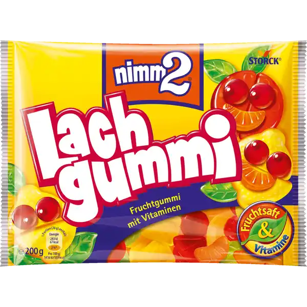 nimm2 Lachgummi mit Vitaminen: Цвет: Produktbeschreibung und details nimm Lachgummi  Vielfltiges Fruchtgummi mit Vitaminen Zitronenkpfe Himbeeraugen Orangenmnder Naschspa ist was du draus legst Fruchtgummi mit  GeschmacksRichtungen Banane Himbeere Blutorange Orange Zitrone und ApfelBirne Mit Fruchtsaft ampamp Vitamine Lebensmittelunternehmer Name AUGUST STORCK KG Adresse Waldstr  D Berlin wwwnimmcom wwwnimmcom UrsprungslandHerkunftsort Made in Germany Rechtlich vorgeschriebene Produktbezeichnung Fruchtgummi mit Vitaminen Zutaten Glukosesirup Zucker Gelatine Fruchtsaft  aus Fruchtsaftkonzentrat Traube Holunder Suerungsmittel Citronensure Milchsure Aromen frbende Konzentrate Schwarze Karotte Spirulina Niacin Vitamin E Pantothensure frbender KurkumaAuszug Vitamin B Biotin Vitamin B berzugsmittel Carnaubawachs Bienenwachs wei und gelb Kann auch Anteile von Milch enthalten Nhrwerte Durchschnittliche Nhrwertangaben pro  Portion pro  g GDA  g Energie  kj   kcal    kj   kcal Fett amplt  g   amplt  g davon  gesttigte Fettsuren amplt  g   amplt  g Kohlenhydrate  g    g davon  Zucker  g    g Eiwei  g    g Salz  g    g NRV Vitamin E  mg   Niacin  mg   Vitamin B  mg   Vitamin B  g   Biotin  g   Pantothensure  mg   Warnhinweise und wichtige Hinweise Warnhinweise Die Angaben zu Zutaten und die gerundeten Durchschnittswerte zu Nhrwerten beziehen sich auf die aktuellen Rezepturen Bei Vernderungen knnen Produkte in bisheriger und in neuer Zusammensetzung im Handel verfgbar sein so dass wir einen ergnzenden Vergleich mit den Angaben auf den Verpackungen empfehlen Abweichungen knnen sich in bergangszeitrumen darber hinaus auch aus neuen gesetzlichen Vorgaben oder anderen vernderten Rahmenbedingungen ergeben
https://www.rossmann.de/de/lebensmittel-nimm2-lachgummi-mit-vitaminen/p/4014400914818