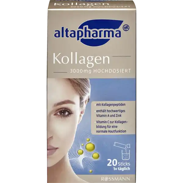 altapharma Kollagen 3.000 mg hochdosiert: Цвет: Produktbeschreibung und details Die Haut verdankt ihre Festigkeit dem Bindegewebe Ein wichtiger Bestandteil des Bindegewebes ist Kollagen Mit zunehmendem Alter nimmt der Kollagenanteil der Haut ab und die Haut verliert an Straffheit Altapharma Kollagen  mg hochdosiert enthlt hydrolysiertes Kollagen die Aminosure LCystein Elastin und Hyaluronsure welche ebenfalls Bestandteile des Bindegewebes der Haut sind Vitamin C trgt zu einer normalen Kollagenbildung fr eine normale Funktion der Haut bei Zink und die Vitamine C und E tragen dazu bei die Zellen vor oxidativem Stress zu schtzen der durch freie Radikale hervorgerufen werden kann Freie Radikale knnen durch UVStrahlung Stress oder Umwelteinflsse entstehen Diese reaktiven Molekle knnen die Zellen des Krpers schdigen und somit zu vorzeitiger Hautalterung fhren Vitamin A trgt zur Erhaltung normaler Haut bei Zink hat eine Funktion bei der Zellteilung und trgt ebenfalls zur Erhaltung normaler Haut bei Altapharma Kollagen  mg hochdosiert ist ein hochwertiges Nahrungsergnzungsmittel hergestellt und kontrolliert nach internationalen Qualittsrichtlinien x tglich mit Kollagenpeptiden enthlt hochwertiges Vitamin A und Zink Vitamin C zur Kollagenbildung fr eine normale Hautfunktion laktosefrei glutenfrei Lebensmittelunternehmer Name Dirk Rossmann GmbH Adresse Isernhgener Str  Burgwedel wwwrossmannde UrsprungslandHerkunftsort Deutschland Rechtlich vorgeschriebene Produktbezeichnung Nahrungsergnzungsmittel mit Vitaminen Zink LCystein Kollagenhydrolysat Elastin Hyaluronsure Zucker und Sungsmittel Zutaten Kollagenhydrolysat Dextrose ElastinPulverSuerungsmittel Citronensure LCysteinhydrochloridLAscorbinsure Aroma Grapefruit NatriumHyaluronsure DL aTocopherylacetat Zinkgluconat Sungsmittel Sucralose Retinylacetat Trennmittel Tricalciumphosphat Magnesiumsalze der Speisefettsuren Laktosefrei glutenfrei Nhrwerte Durchschnittliche Nhrwertangaben pro  Portion pro  g  Stck Energie  kj   kcal  kj   kcal Fett amplt  g  g davon  gesttigte Fettsuren amplt  g amplt  g Kohlenhydrate  g  g davon  Zucker  g  g Eiwei  g  g Salz  g  g NRV Zink  mg   Vitamin A  g   Vitamin E  mg   Vitamin C  mg   Anwendung und Gebrauch Verzehrempfehlung Tglich den Inhalt eines Sticks mit  ml Wasser bergieen umrhren und trinken Gebrauch Aufbewahrung und Verwendung Aufbewahrungs und Verwendungsbedingungen Trocken und vor Wrme geschtzt aufbewahren Warnhinweise und wichtige Hinweise Warnhinweise Bitte auerhalb der Reichweite von kleinen Kindern aufbewahren Die angegebene empfohlene Tagesdosis darf nicht berschritten werden Nahrungsergnzungsmittel sind kein Ersatz fr ein eabwechslungsreiche und ausgewogene Ernhrung und eine gesunde Lebensweise Vitamin A sollte in der Schwangerschaft nur nach Rcksprache mit dem Arzt eingenommen werden Da dieses Produkt Zink enthlt ist es nicht geeignet fr Kinder und Jugendlichen unter  Jahren
https://www.rossmann.de/de/gesundheit-altapharma-kollagen-3000-mg-hochdosiert/p/4305615624600