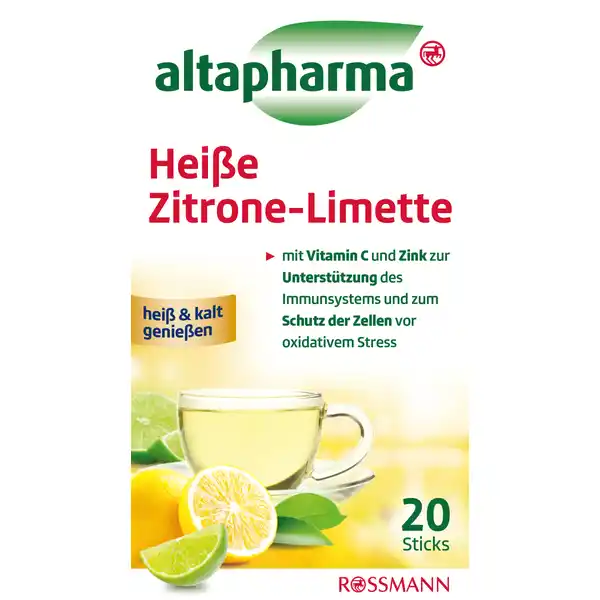 altapharma Heie ZitroneLimette: Цвет: Produktbeschreibung und details Besonders in der kalten Jahreszeit sind unsere Abwehrkrfte zahlreichen Belastungen ausgesetzt Eine ausgewogene Vitamin und Mineralstoffversorgung ist dann besonders wichtig Altapharma Heie ZitroneLimette enthlt Vitamin C und das Spurenelement Zink Vitamin C und Zink tragen besonders in der kalten und nassen Jahreszeit zu einer normalen Funktion des Immunsystems und zum Schutz der Zellen vor oxidativem Stress bei Vitamin C kann vom Krper weder selbst hergestellt noch lange gespeichert werden Eine ausreichende Versorgung ber die Nahrung ist daher sinnvoll Altapharma HeieZitroneLimette enthlt pro Beutel  mg Vitamin C Hei getrunken wirkt sie wohltuend und wrmend Als Kaltgetrnk ist altapharma Heie ZitroneLimette eine wohlschmeckende Erfrischung fr den ganzen Tag Lebensmittelunternehmer Name Dirk Rossmann GmbH Adresse Isernhgener Str   Burgwedel wwwrossmannde Rechtlich vorgeschriebene Produktbezeichnung Nahrungsergnzungsmittel mit Zucker und Sungsmittel Zutaten Suerungsmittel Citronensure LAscorbinsure  Zitronensaftpulver Trennmittel Tricalciumphosphat  Limettensaftpulver Aromen Zitrone Limette Sungsmittel Aspartam Acesulfam K Zinkcitrat Trennmittel Siliciumdioxid Magnesiumsalze der Speisefettsuren Farbstoff Riboflavin Anwendung und Gebrauch  Portionsstick tglich mit kaltem oder heiem nicht kochendem Wasser  ml bergieen umrhren und trinken Gebrauch Aufbewahrung und Verwendung Aufbewahrungs und Verwendungsbedingungen Auerhalb der Reichweite von kleinen Kindern aufbewahren Trocken vor Wrme und Licht geschtzt aufbewahren Warnhinweise und wichtige Hinweise Warnhinweise Auerhalb der Reichweite von kleinen Kindern aufbewahren Enthlt eine Phenylalaninquelle Die angegebene Verzehrempfehlung darf nicht berschritten werden Nahrungsergnzungsmittel sind kein Ersatz fr eine ausgewogene und abwechslungsreiche Ernhrung sowie eine gesunde Lebensweise Da dieses Produkt Zink enthlt ist es nicht geeignet fr Kinder und Jugendliche vor Vollendung des  Lebensjahres
https://www.rossmann.de/de/gesundheit-altapharma-heisse-zitrone-limette/p/4305615619415