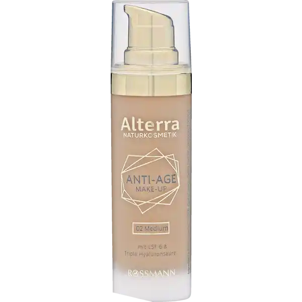 Alterra NATURKOSMETIK Anti-Age Make-up 02 - Medium: Цвет: https://www.rossmann.de/de/make-up-alterra-naturkosmetik-anti-age-make-up-02---medium/p/4305615765488
Produktbeschreibung und details Alterra Naturkosmetik AntiAge Makeup mit Triple Hyaluronsure ampamp LSF  Kaschiert Unebenheiten zuverlssig und schtzt die Haut mit Lichtschutzfaktor  vor SonneneinstrahlungDiese Rezeptur ist zu  ohne Mikroplastik laut zertifizierter NaturkosmetikDas AlterraProdukt entspricht den strengen NatrueKriterienHautvertrglichkeit dermatologisch besttigt Kontaktdaten Dirk Rossmann GmbH Isernhgener Strae   Burgwedel wwwrossmannde Testurteile Qualittssiegel ampamp Verbandszeichen Anwendung und Gebrauch Gleichmig auf die gereinigte Haut auftragen und sanft verteilen Inhaltsstoffe Aqua Glycerin CI  Alcohol denat Glycine Soja Oil Carthamus Tinctorius Seed Oil Octyldodecanol Zinc Oxide Glyceryl Stearate Citrate Myristyl Myristate Titanium Dioxide Glyceryl Stearate SE Argania Spinosa Kernel Oil Tricaprylin CI  Butyrospermum Parkii Butter Simmondsia Chinensis Seed Oil Hippophae Rhamnoides Fruit Extract Cetyl Alcohol Xanthan Gum Microcrystalline Cellulose Stearic Acid Dehydroxanthan Gum Sodium Hyaluronate Calcium Alginate Algin Tocopherol Helianthus Annuus Seed Oil CI  CI  Parfum Limonene Linalool Citral Citronellol Geraniol  ingredients from certified organic agriculture  from natural essential oils